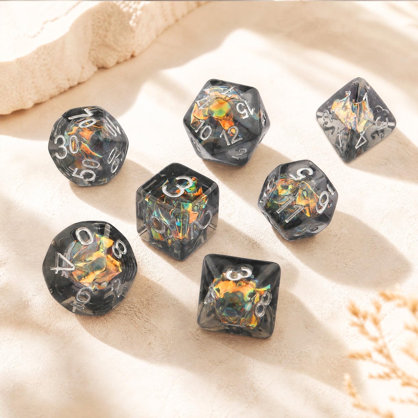 Haxtec Black Rainbow Iridescent Mylar Core Resin Dice with Velvet Pouch