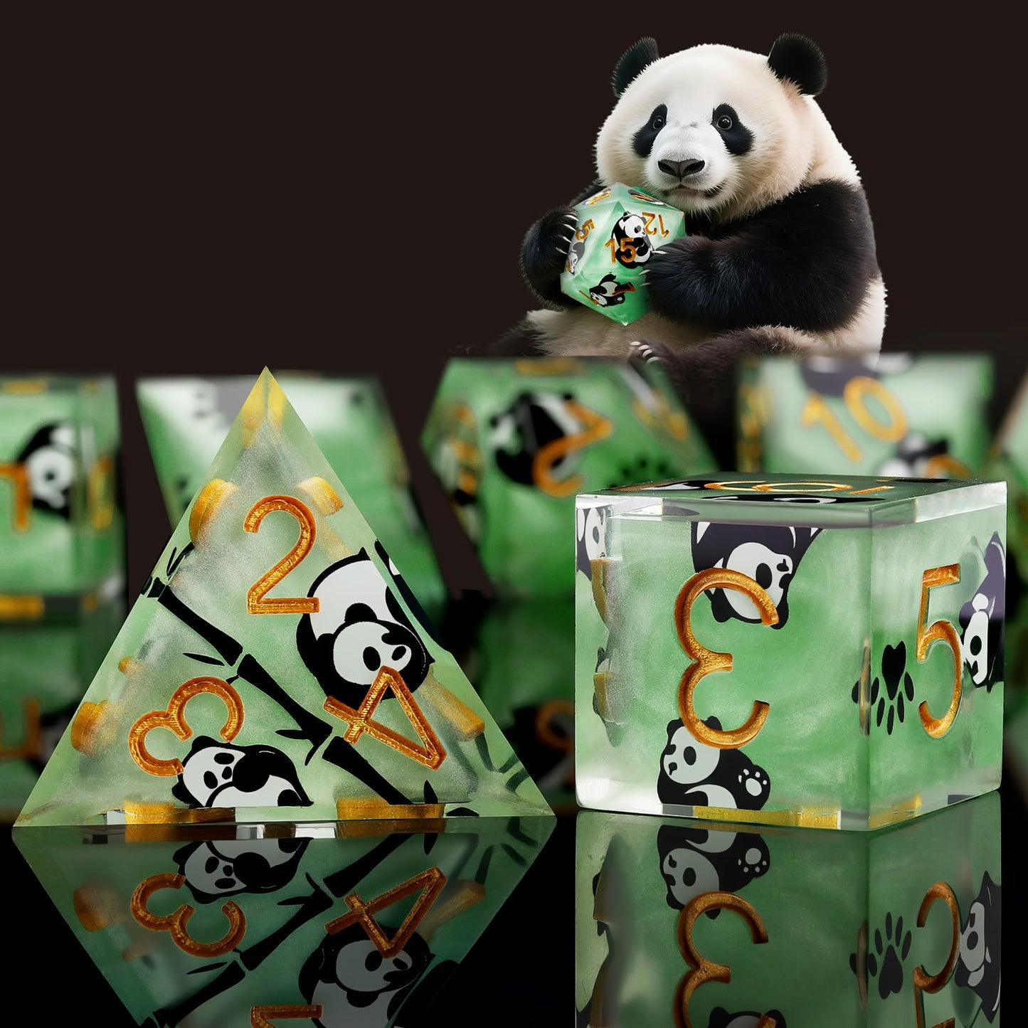 Haxtec Green Panda Sharp Edge Resin D&D Dice Set with Metal Case for Dungeons and Dragons Gift