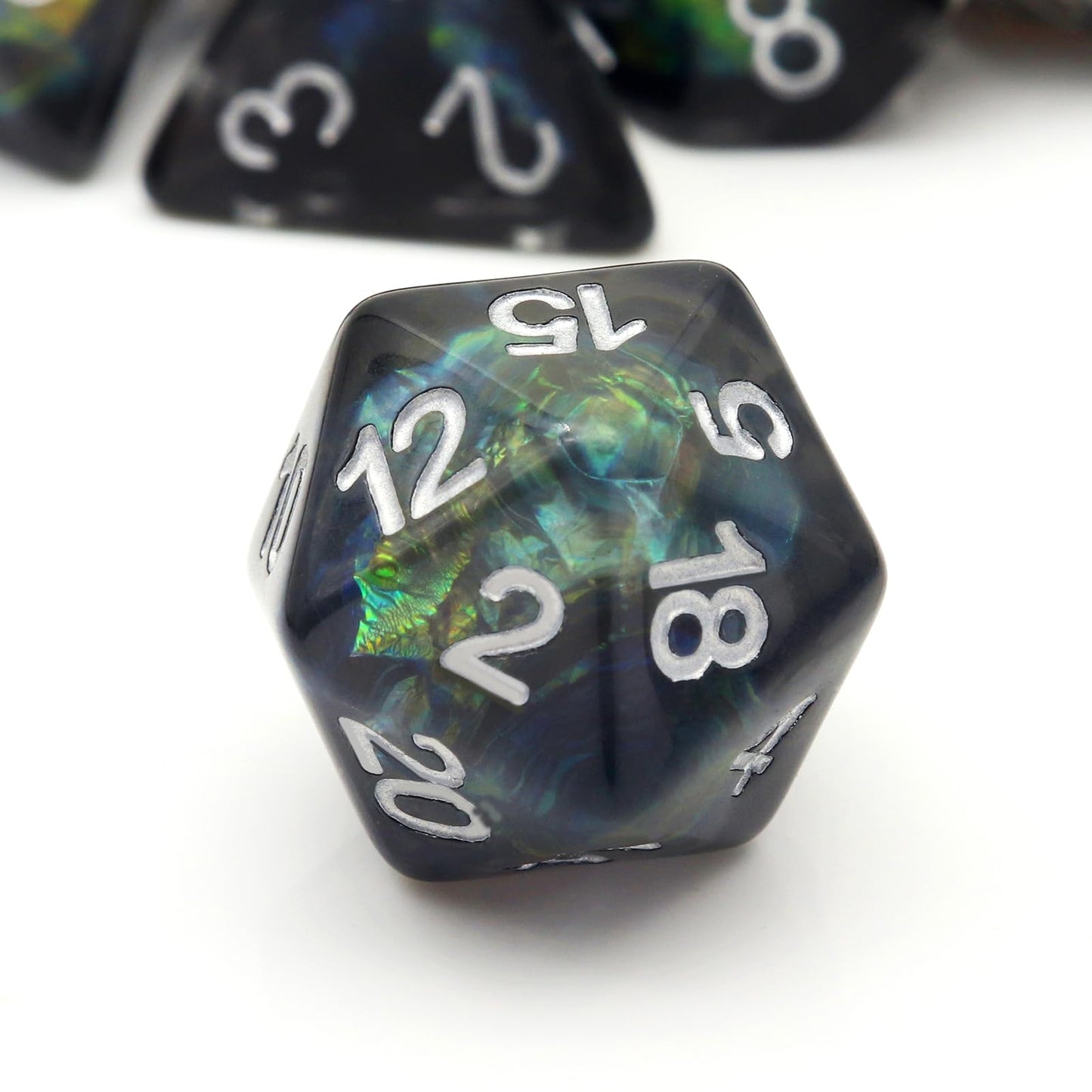 Haxtec Black Green Iridescent Mylar Core Resin DnD Dice Set with Velvet Pouch