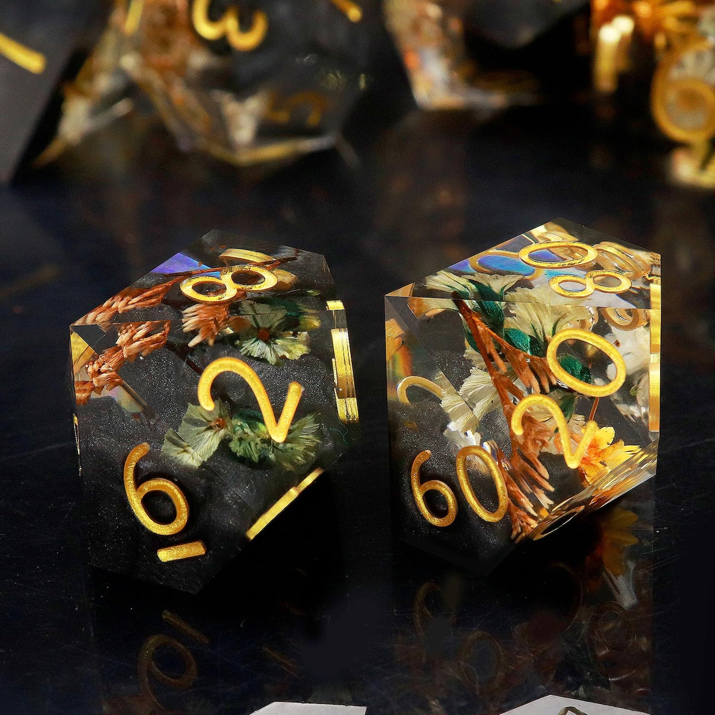 Haxtec Black Pearl Winter Flower Sharp Edge Resin D&D Dice Set with Metal Case