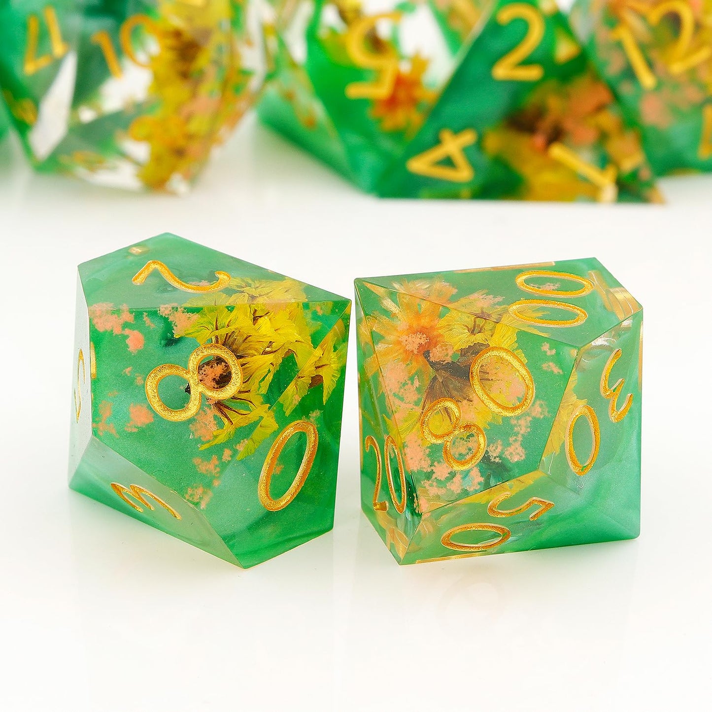 Haxtec Spring Flower Sharp Edge Resin D&D Dice Set – Pearl Green with Floral Inside & Metal Case