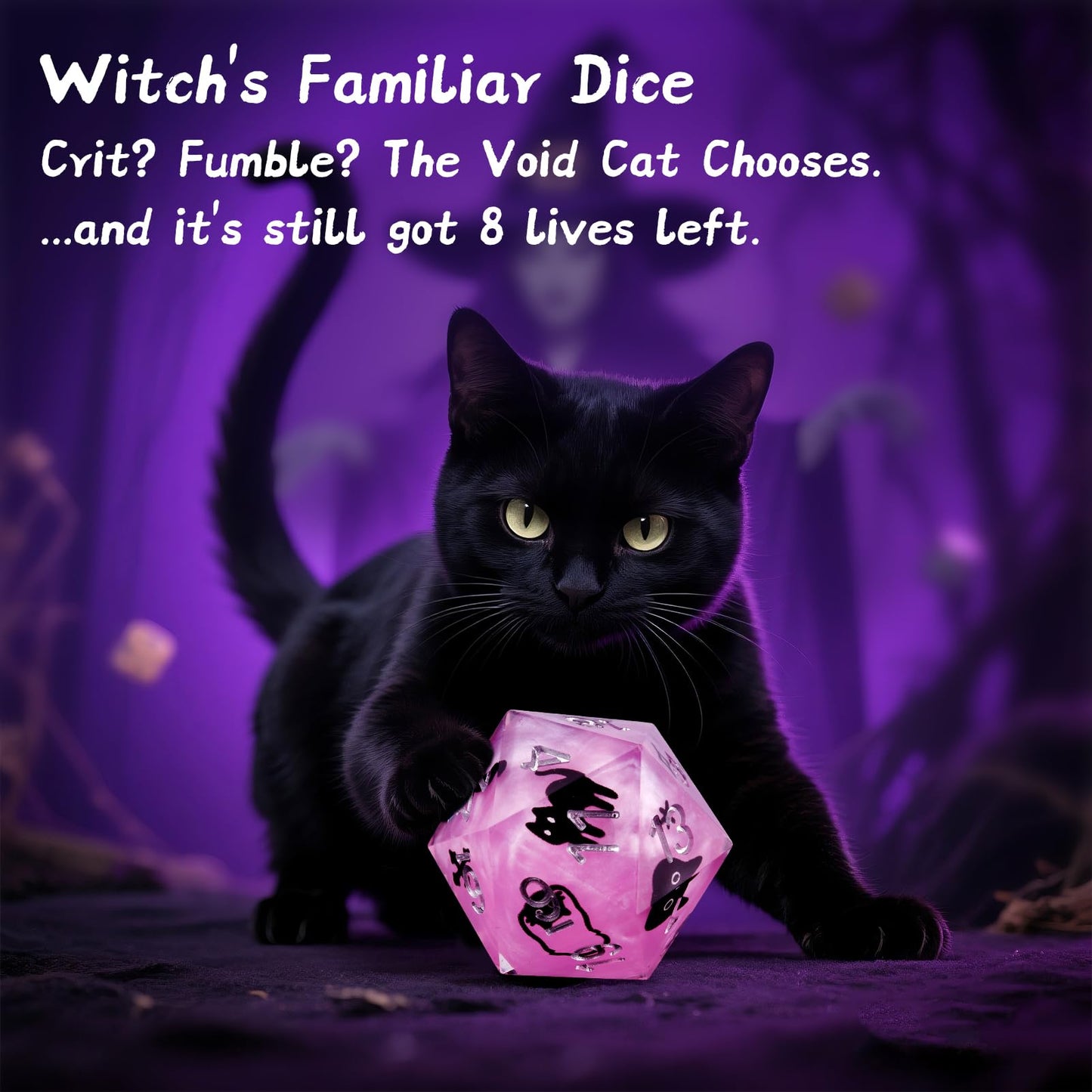 Haxtec Black Cat on Purple Sharp Edge Resin D&D Dice Set with Metal Case for Dungeons and Dragons Gift