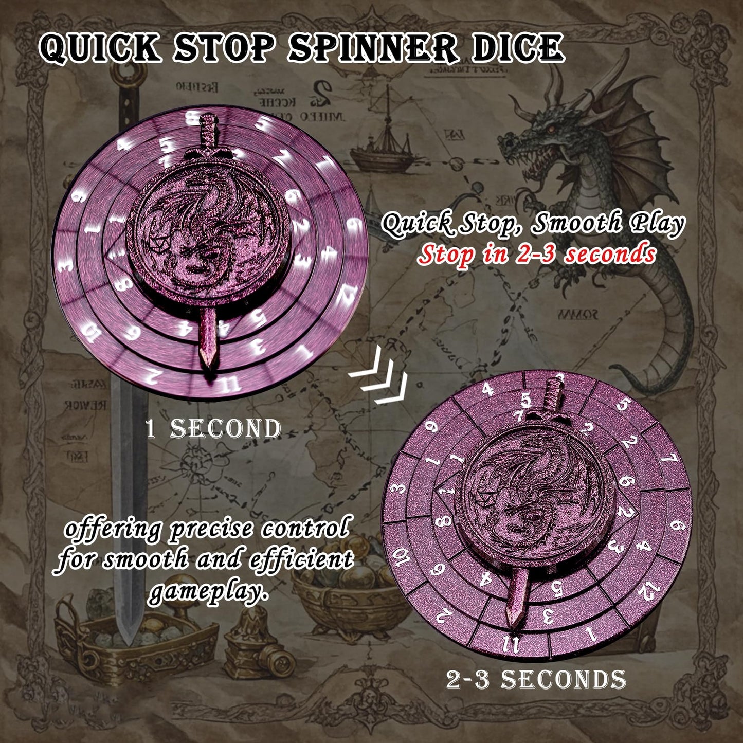 Spinner Dice 7-in-1 Metal DND Dice Set Fidget Spinner Dice Dragon Sword Novelty DND Gifts Purple