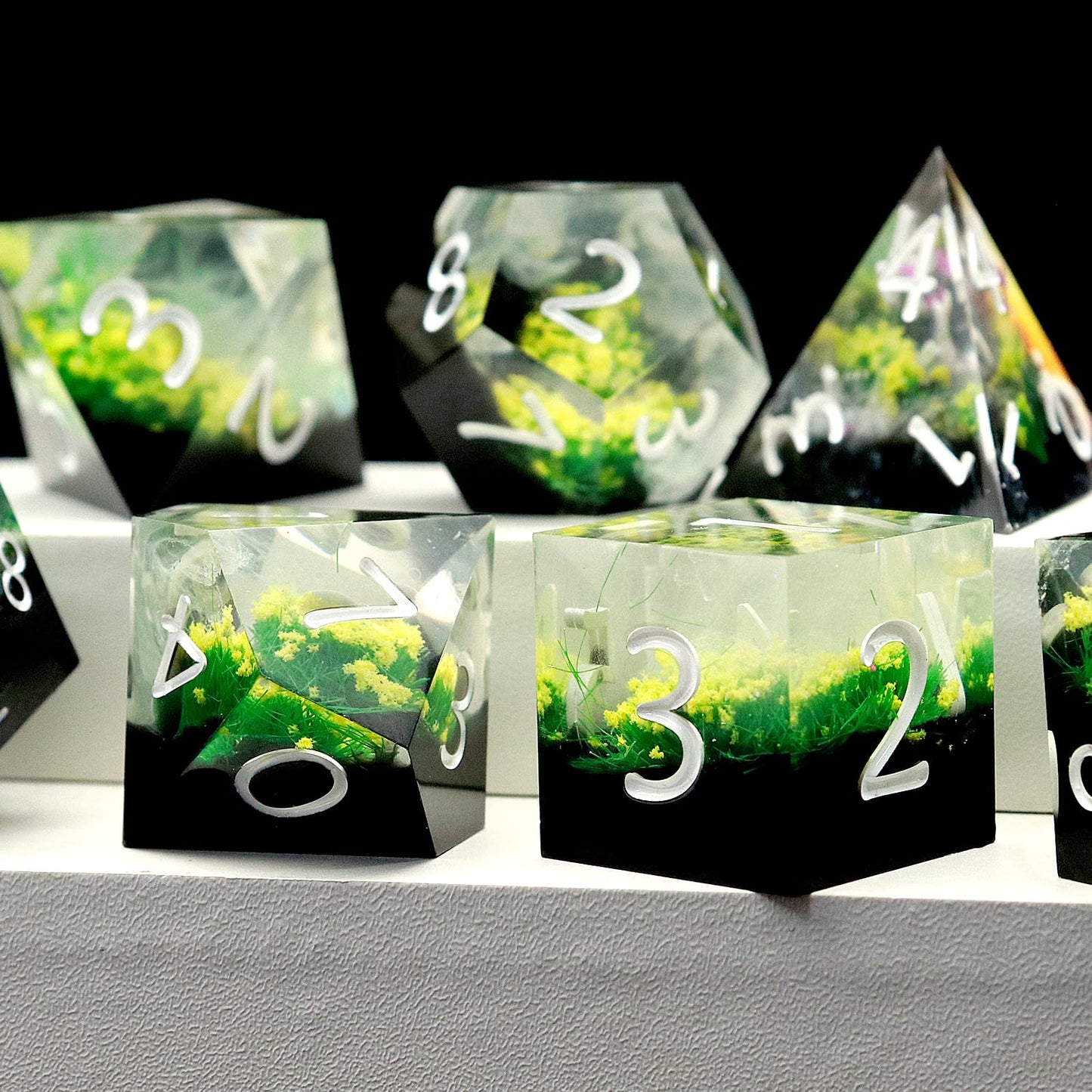 Haxtec Yellow Flower Meadow Sharp Edge Resin D&D Dice Set with Metal Case