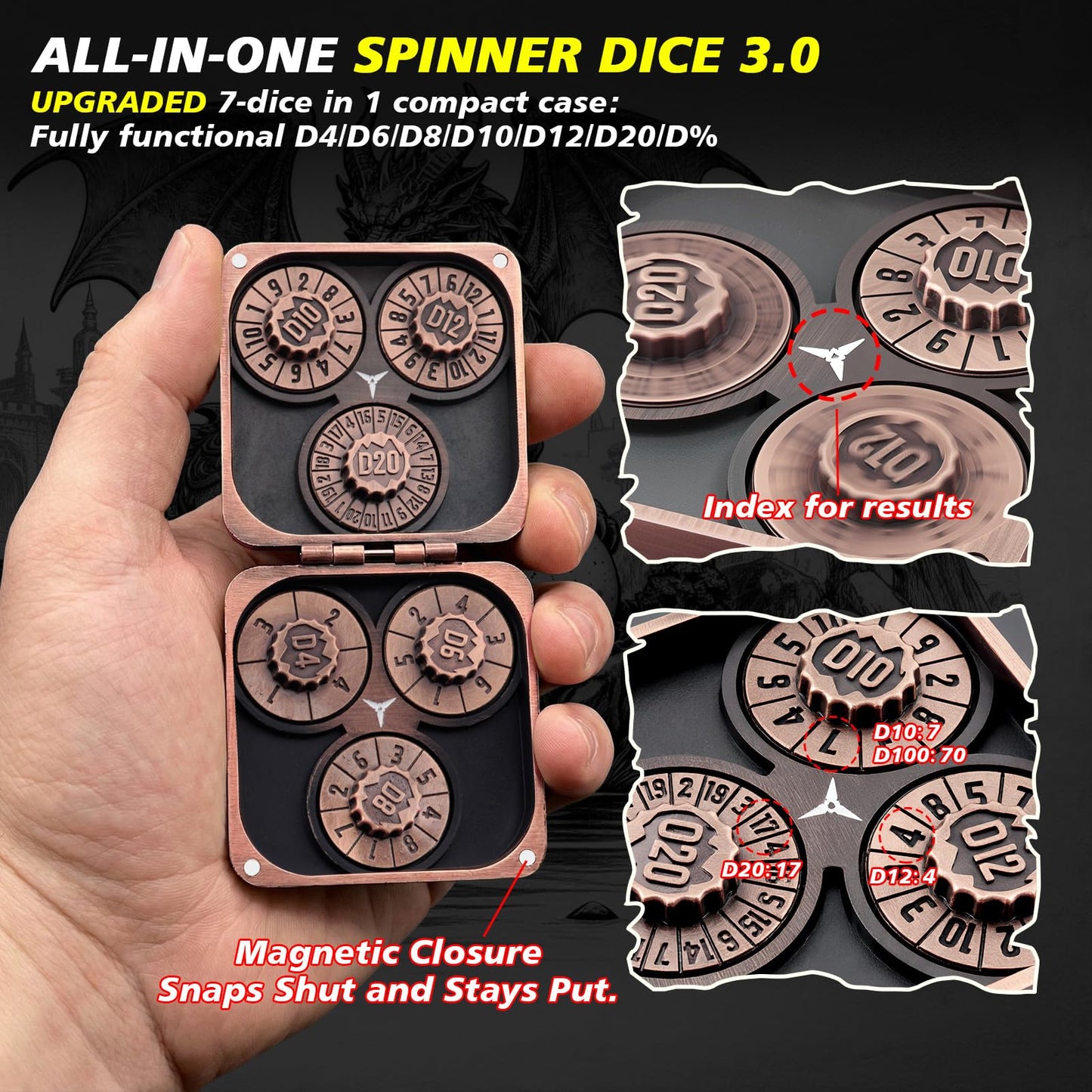 Haxtec Spinner Dice – Foldable 7-in-1 Metal Pocket RPG Set, Cooper