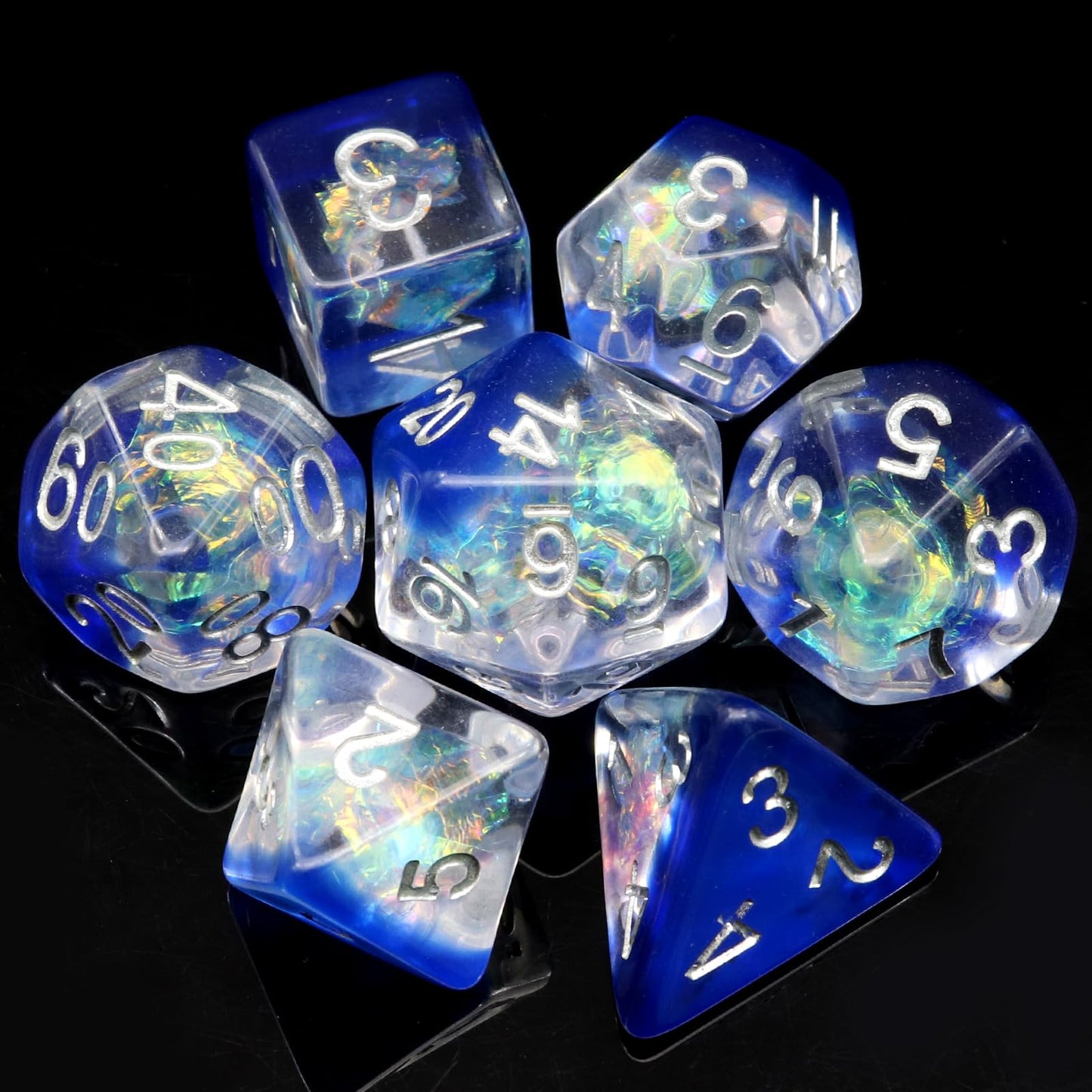 Haxtec Sapphire Blue Deepwater Iridescent Mylar Core Resin Dice with Velvet Pouch