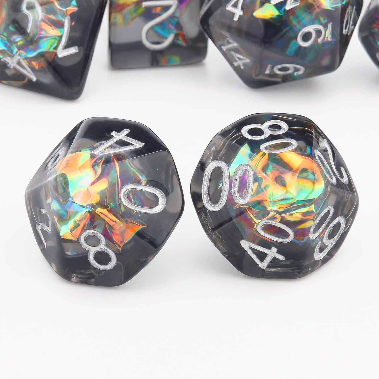 Haxtec Black Rainbow Iridescent Mylar Core Resin Dice with Velvet Pouch