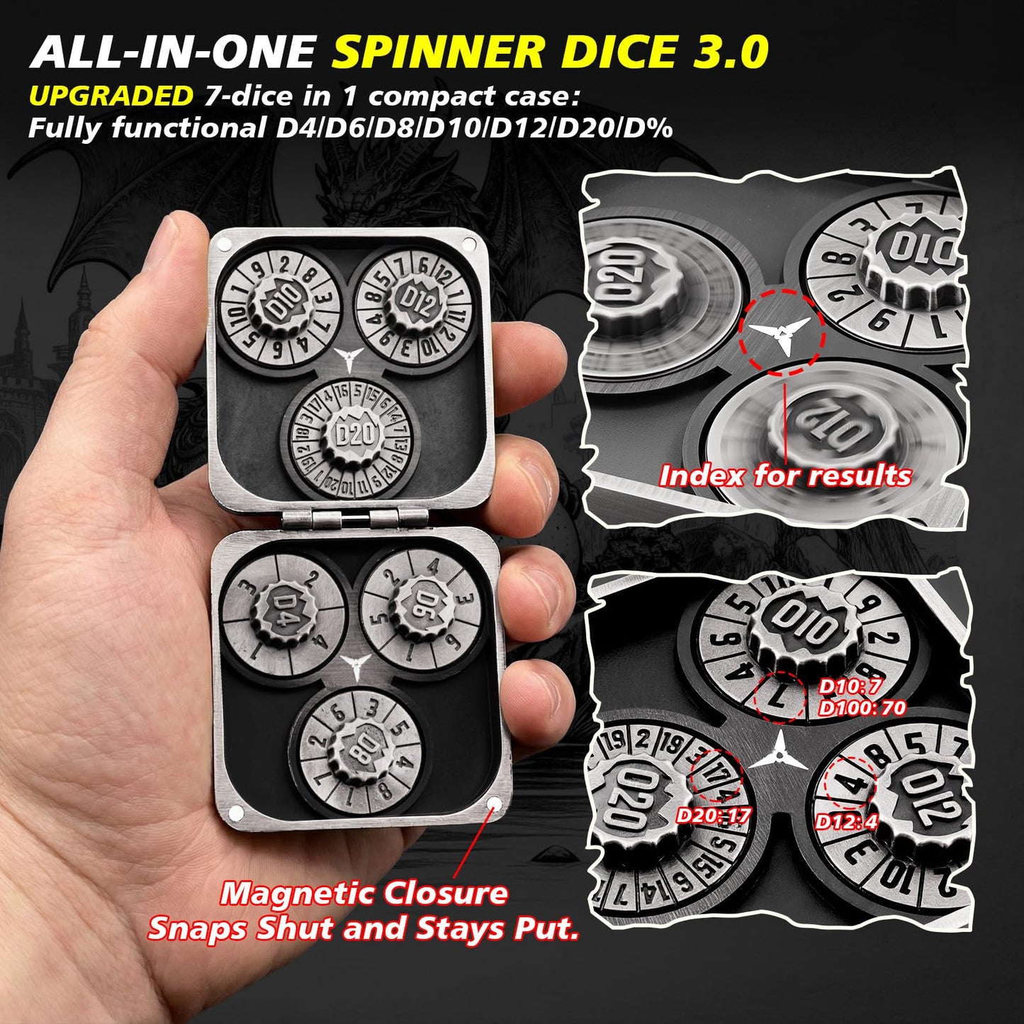 Haxtec Spinner Dice – Foldable 7-in-1 Metal Pocket RPG Set, Iron
