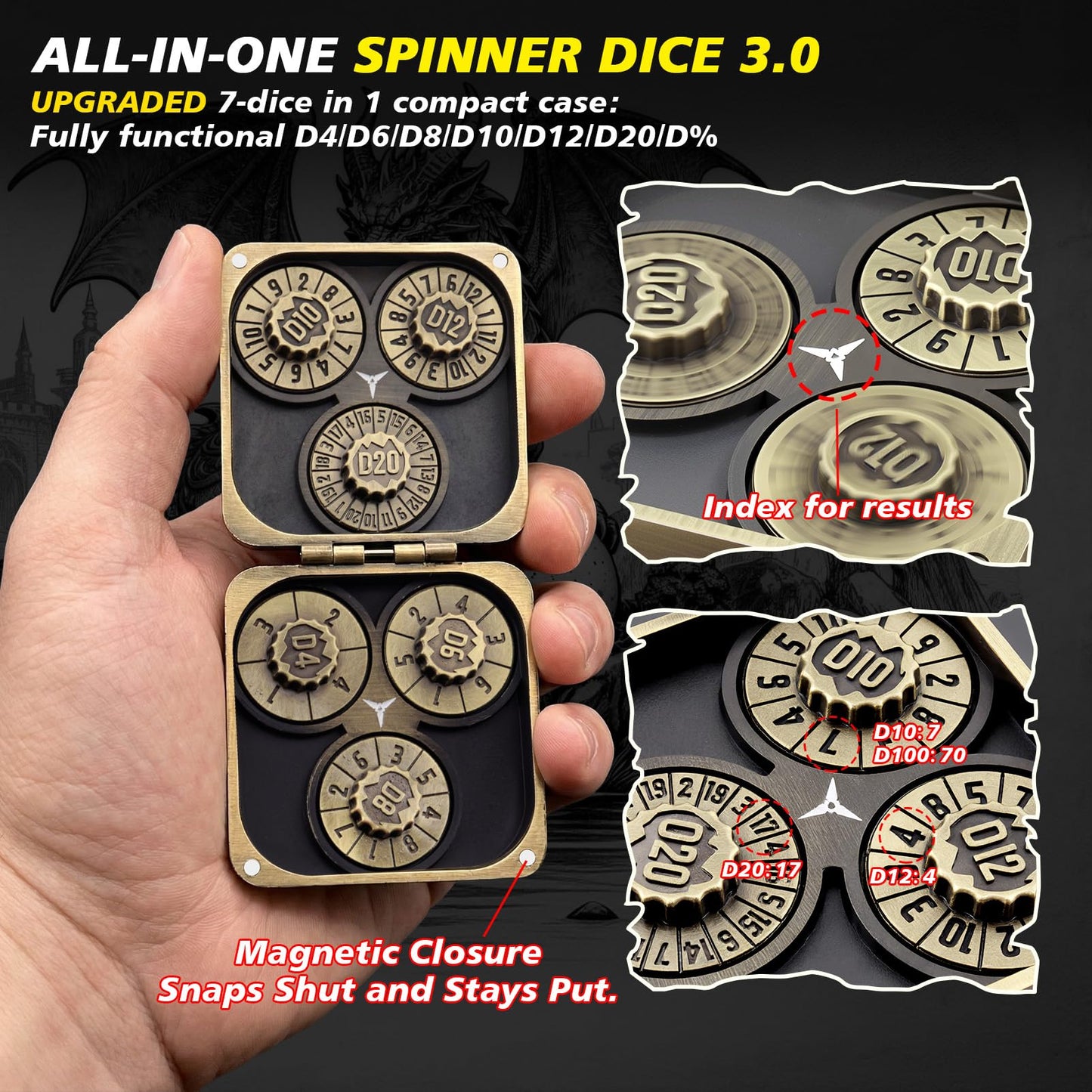 Haxtec Spinner Dice – Foldable 7-in-1 Metal Pocket RPG Set，Bronze