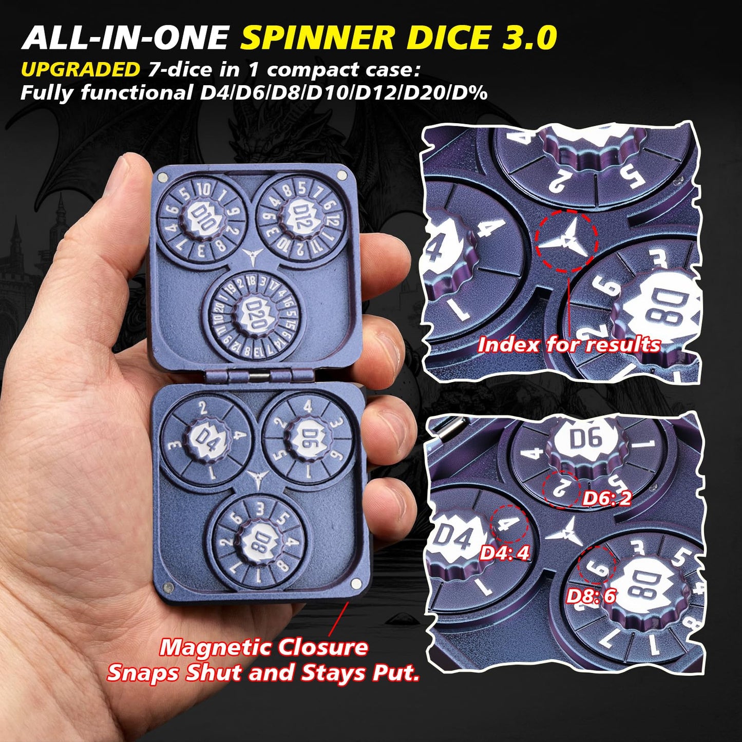 Haxtec Spinner Dice – Foldable 7-in-1 Metal Pocket RPG Set, blue