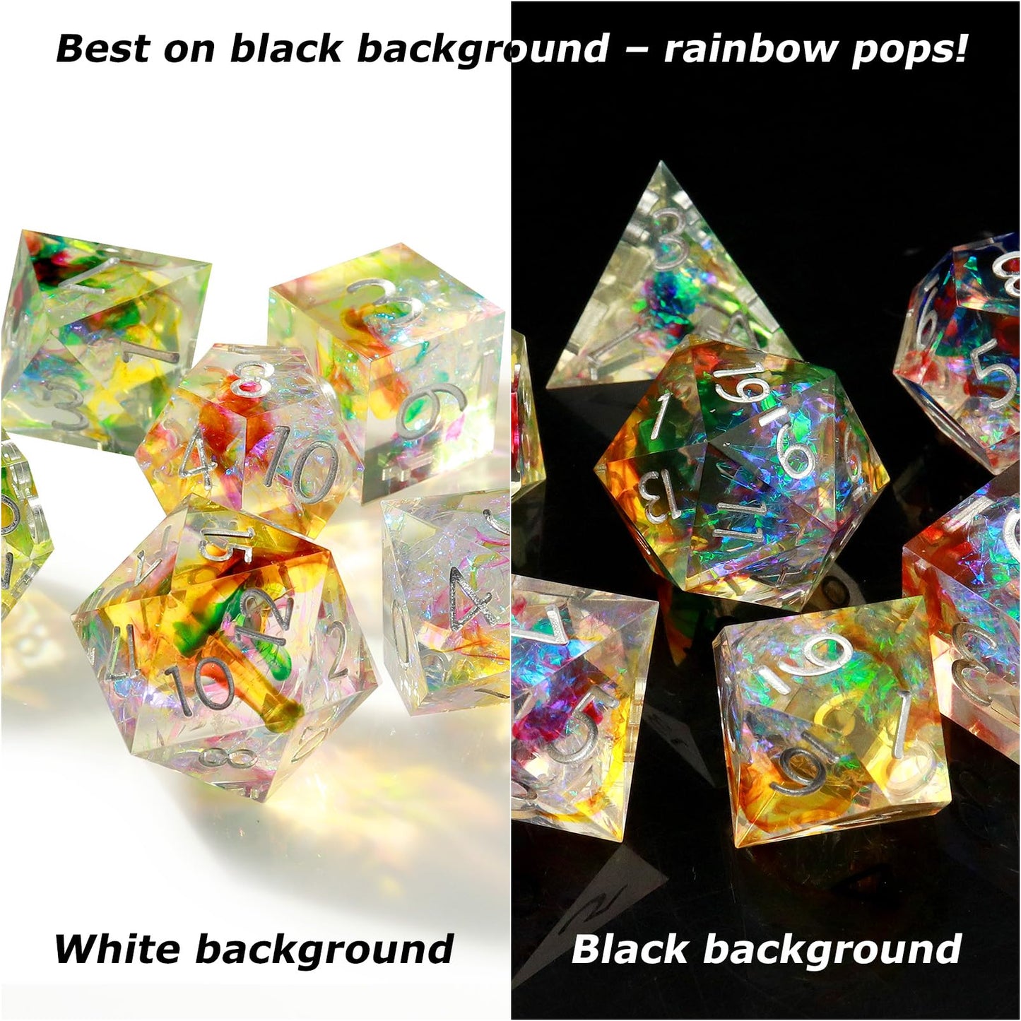 Haxtec Clear Resin Sharp Edge DND Dice Set – Rainbow Holographic Polyhedral Dice with Metal Case