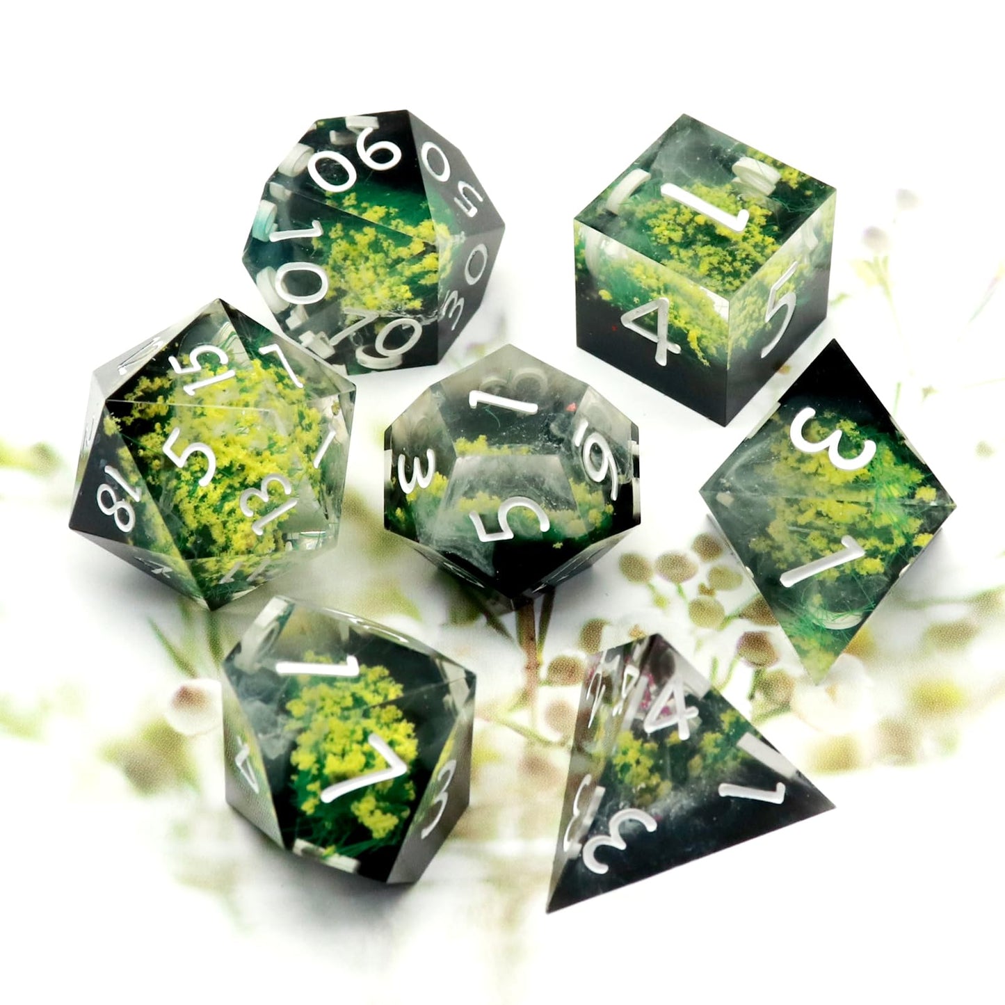Haxtec Yellow Flower Meadow Sharp Edge Resin D&D Dice Set with Metal Case
