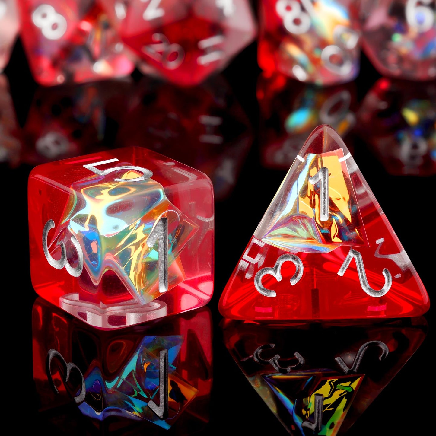Haxtec Ruby Iridescent Mylar Core Resin Dice with Velvet Pouch