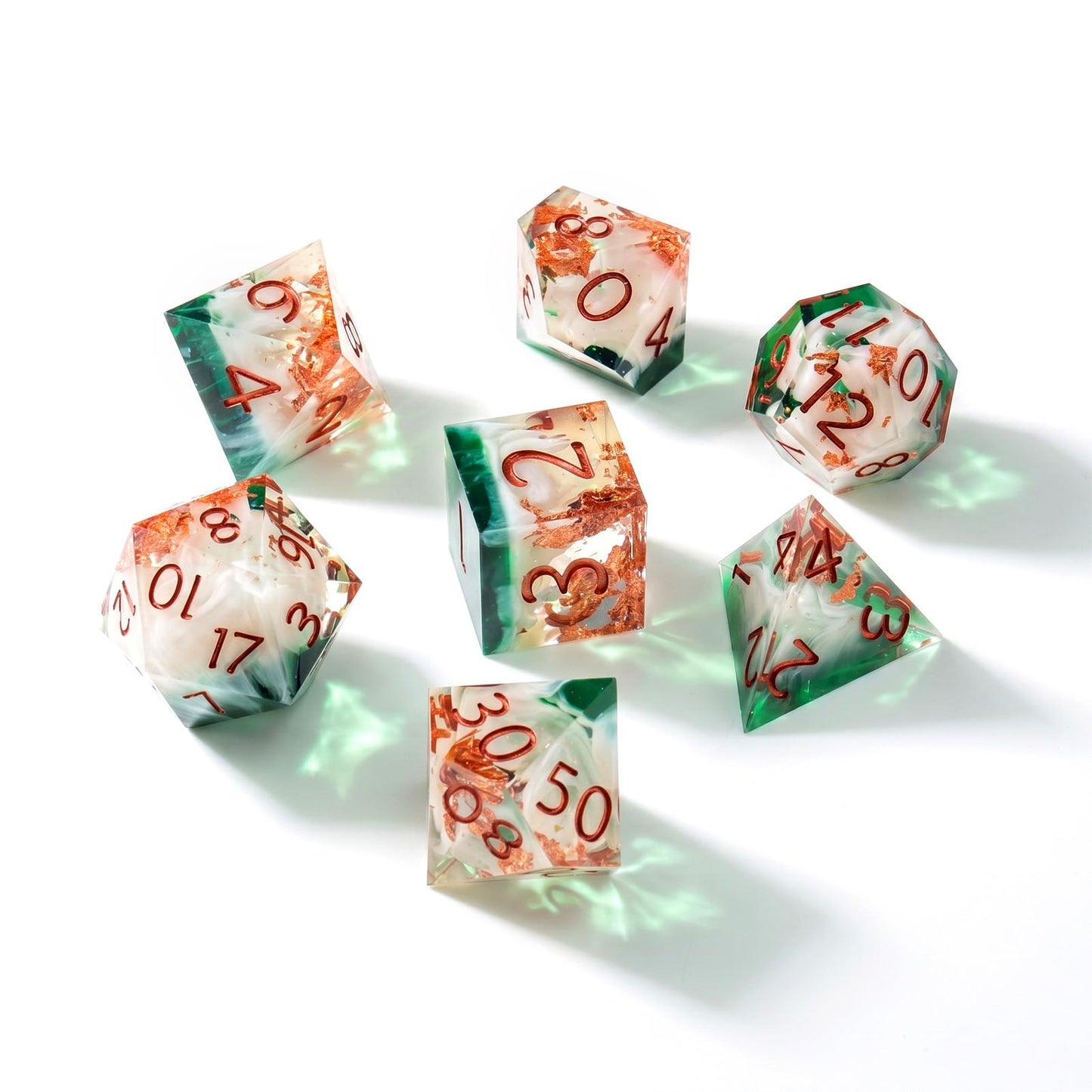 Haxtec Forest Landscape Sharp Edge Resin D&D Dice Set – Green White Copper Gold Flake insaide with Metal Case
