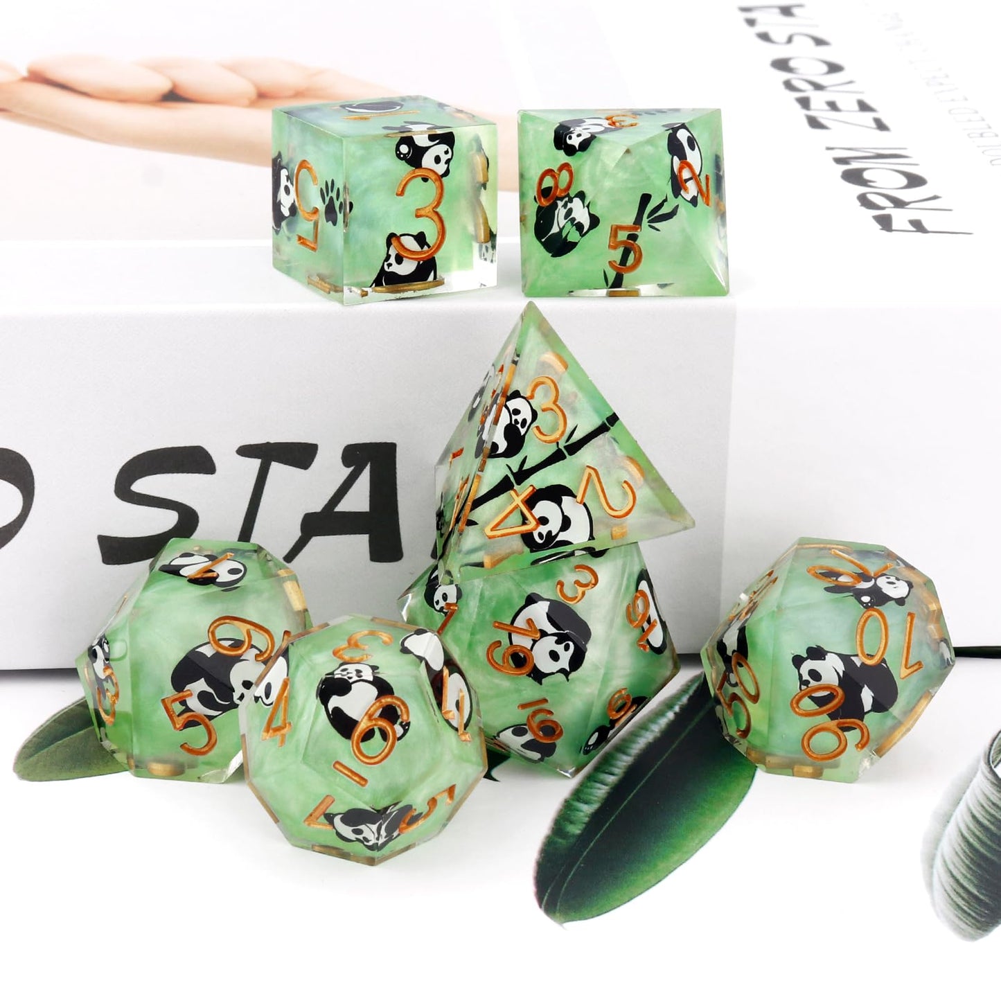 Haxtec Green Panda Sharp Edge Resin D&D Dice Set with Metal Case for Dungeons and Dragons Gift