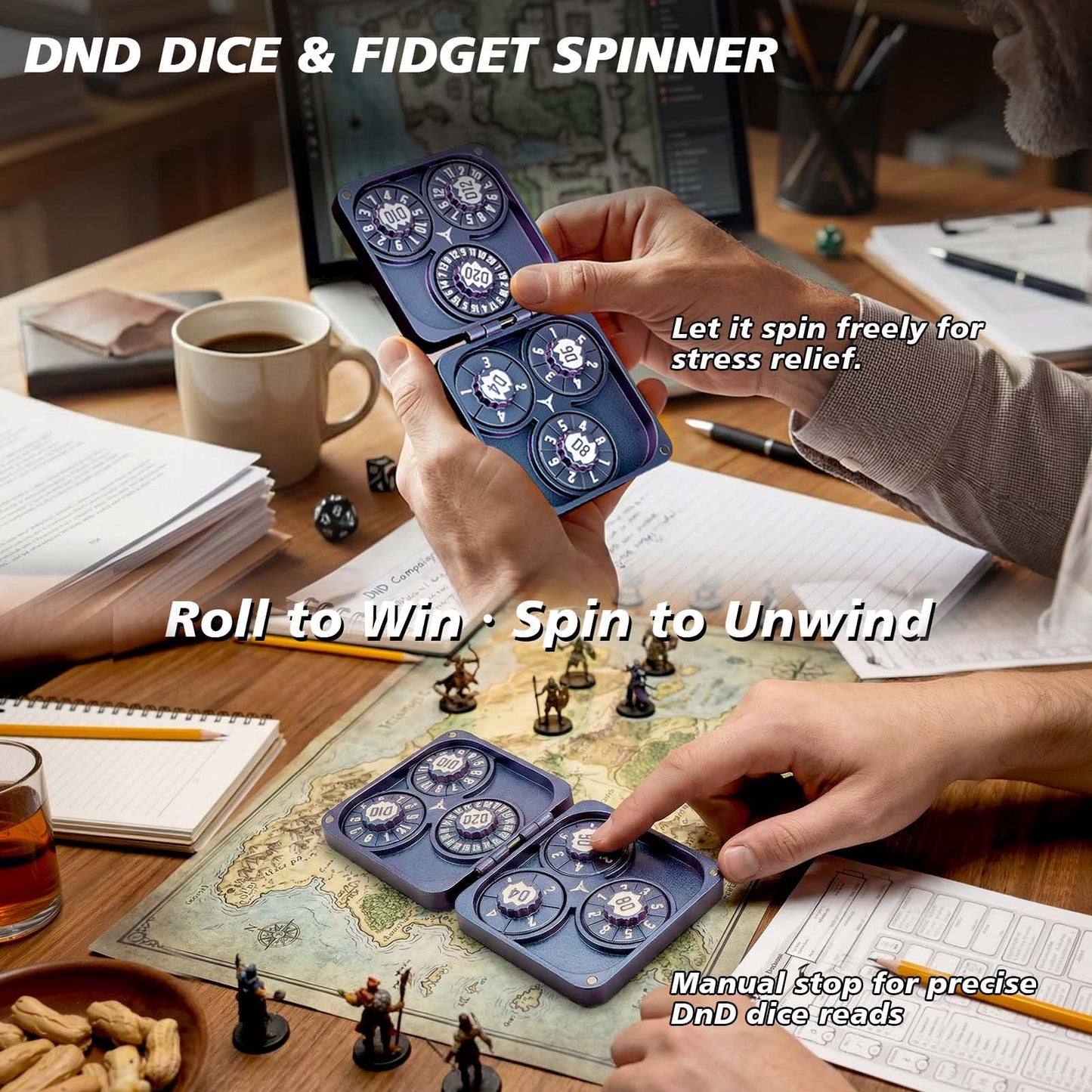 Haxtec Spinner Dice – Foldable 7-in-1 Metal Pocket RPG Set, blue