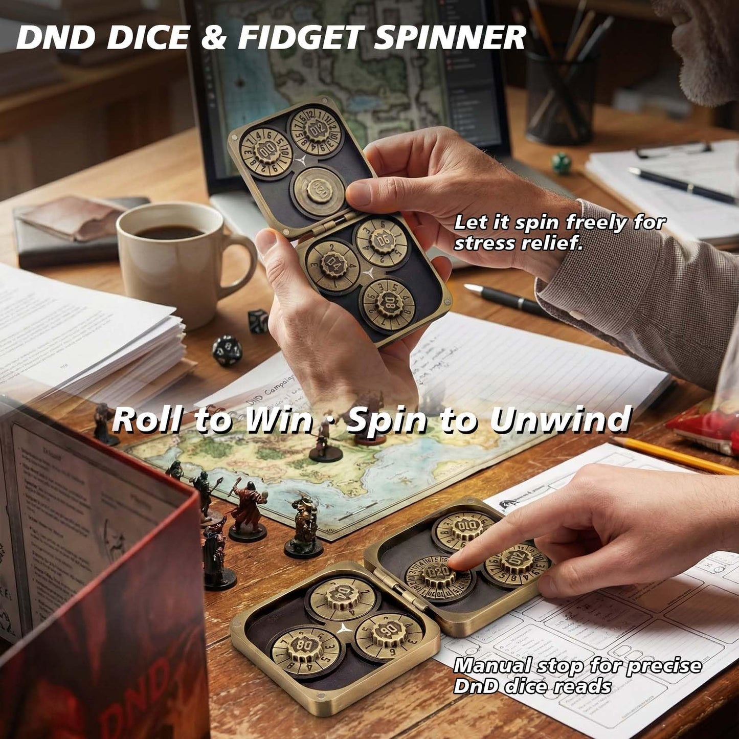 Haxtec Spinner Dice – Foldable 7-in-1 Metal Pocket RPG Set，Bronze