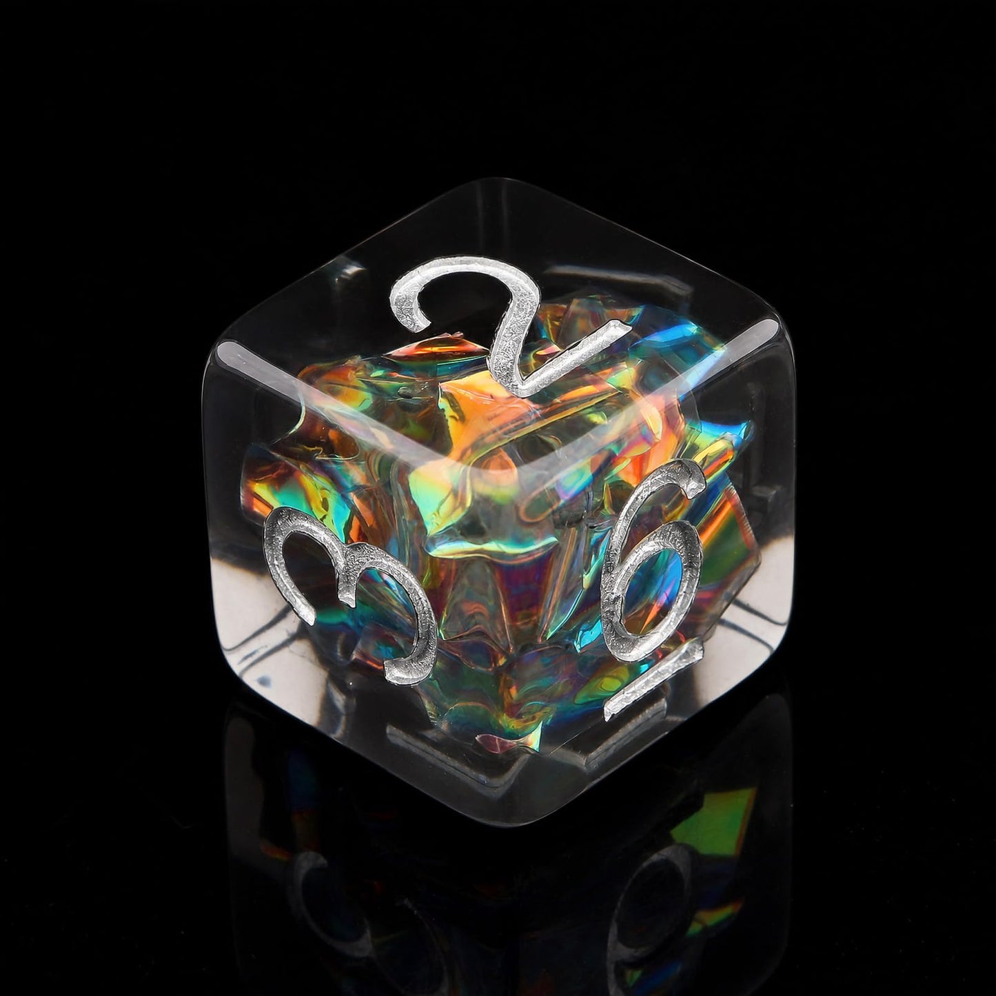 Haxtec Black Rainbow Iridescent Mylar Core Resin Dice with Velvet Pouch
