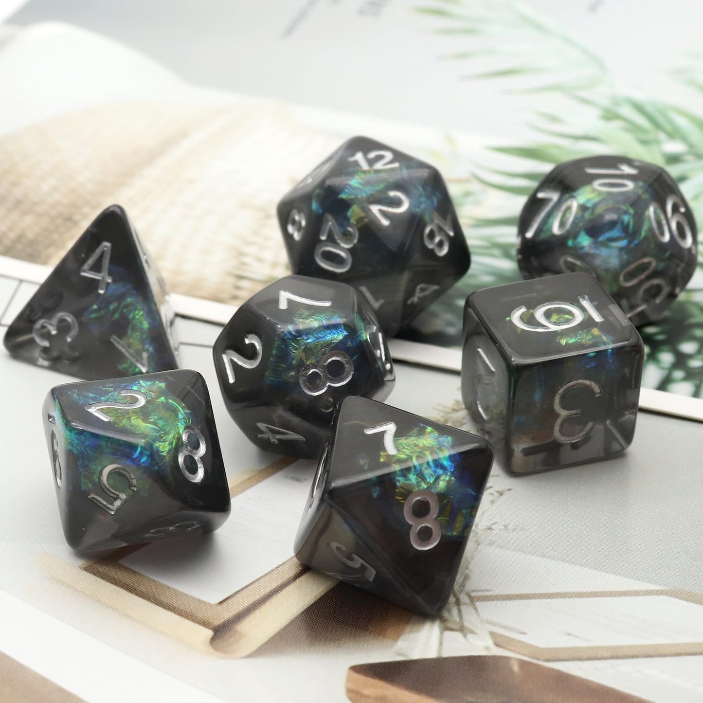 Haxtec Black Green Iridescent Mylar Core Resin DnD Dice Set with Velvet Pouch