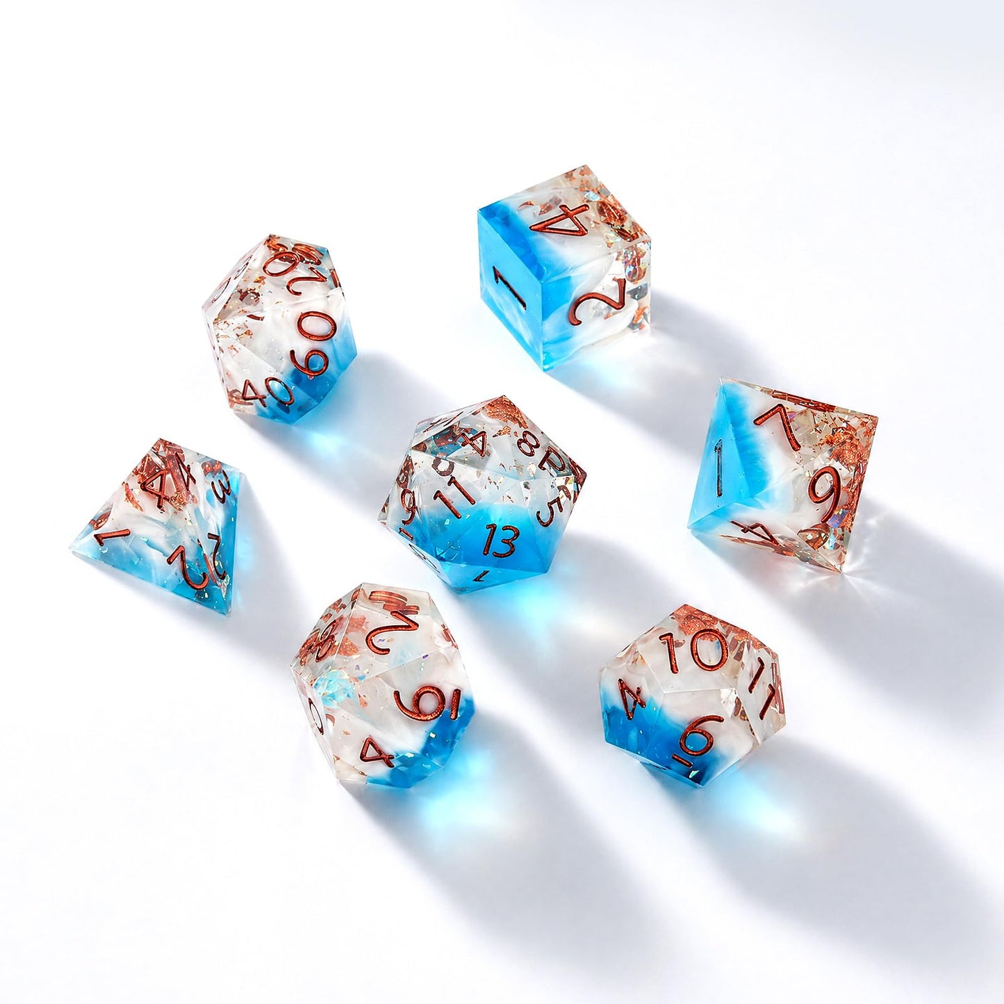 Haxtec Ocean Blue Sharp Edge Resin Gold Flake Inside D&D Dice Set – White Copper Polyhedral Dice with Metal Case