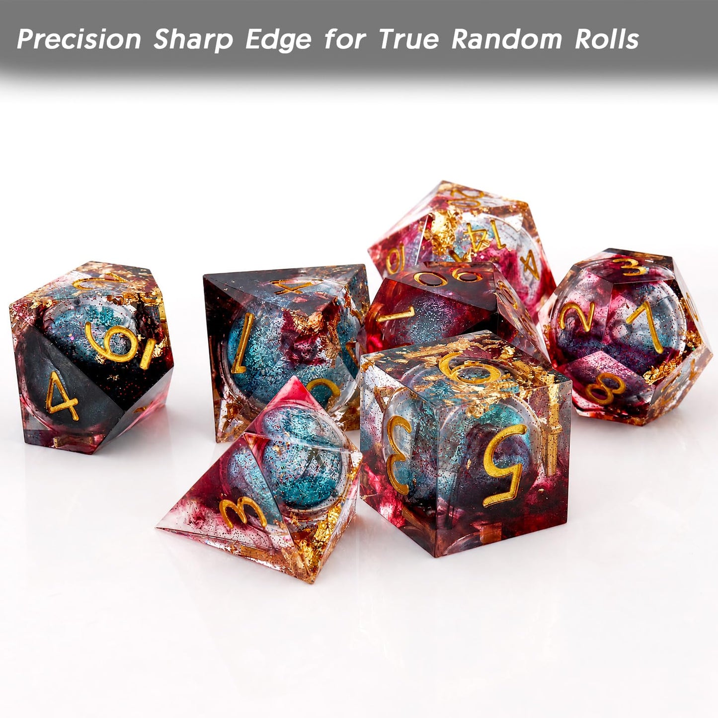 Haxtec Blood Red Liquid Core Sharp Edge Resin DND Dice Set with Metal Case