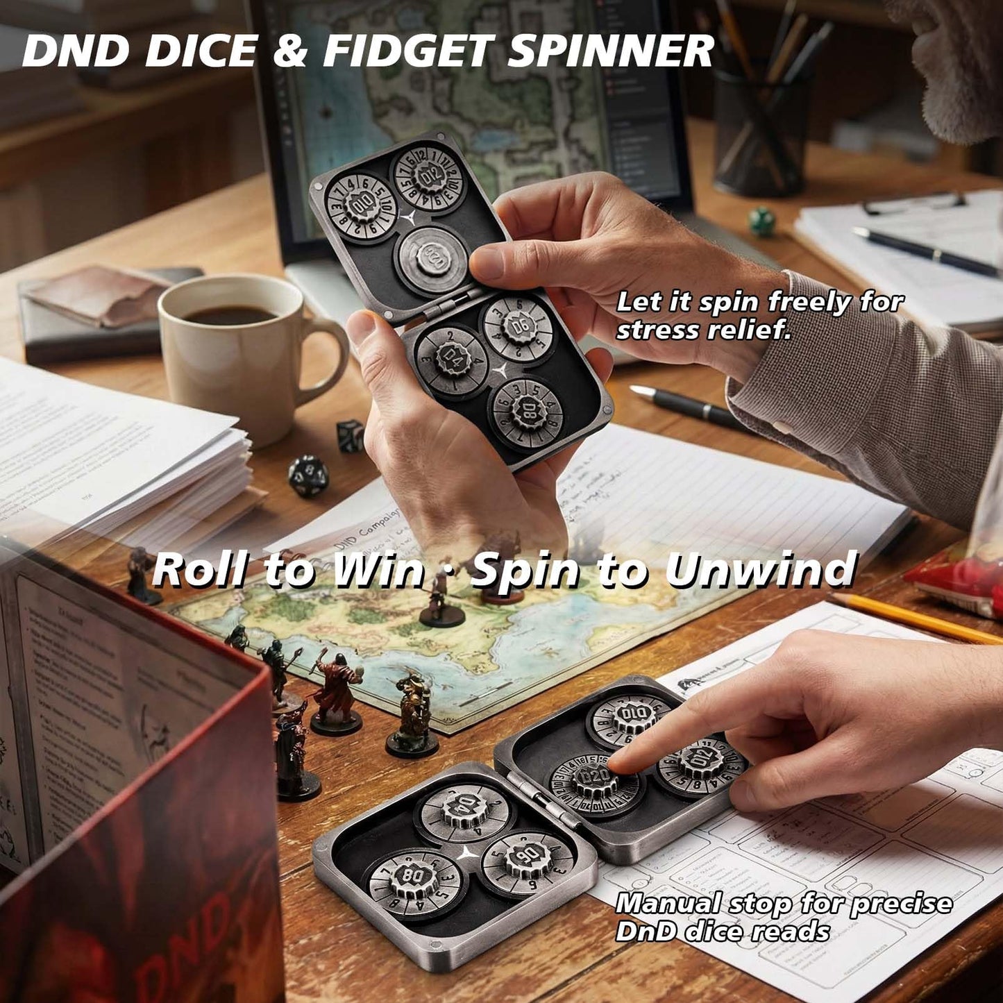Haxtec Spinner Dice – Foldable 7-in-1 Metal Pocket RPG Set, Iron