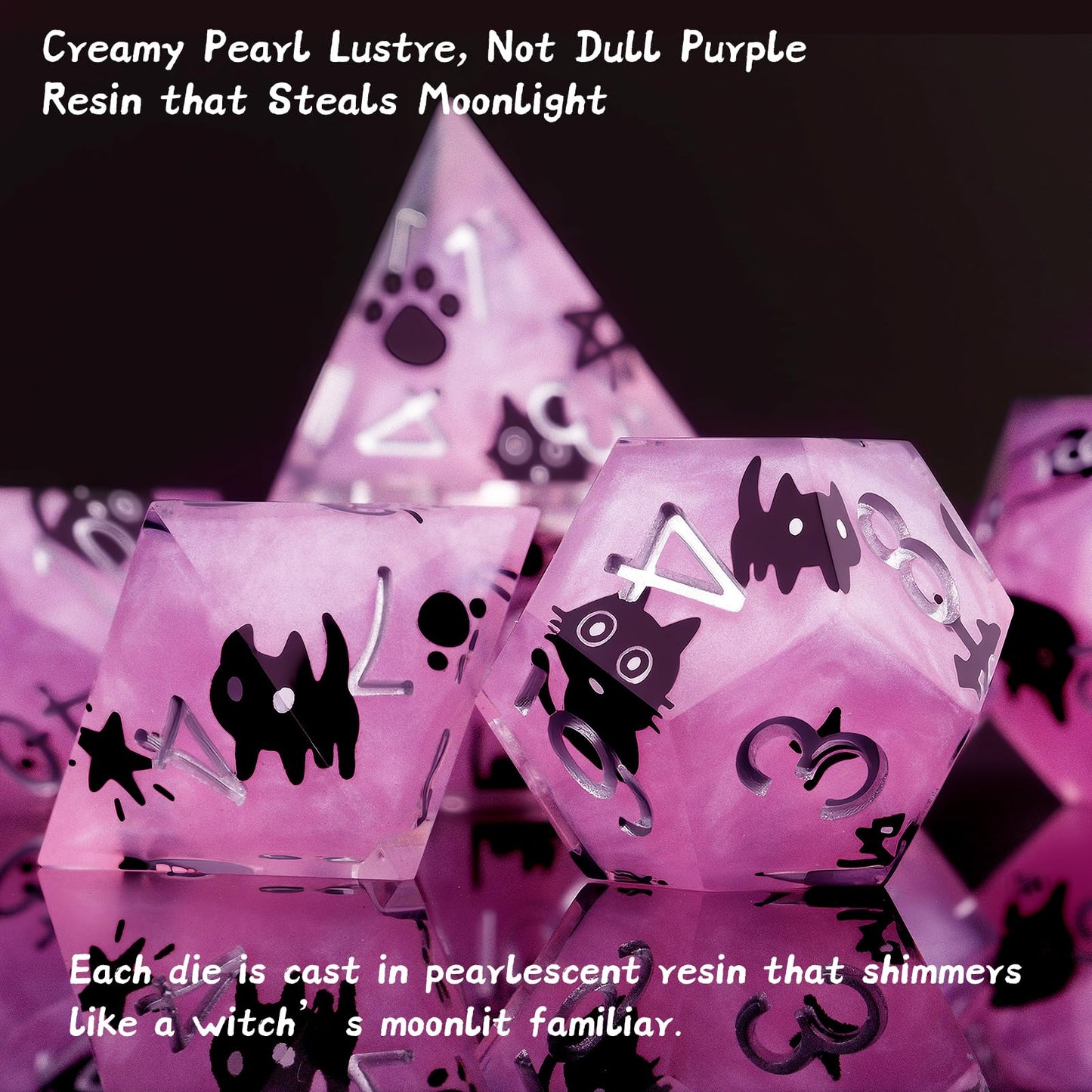 Haxtec Black Cat on Purple Sharp Edge Resin D&D Dice Set with Metal Case for Dungeons and Dragons Gift