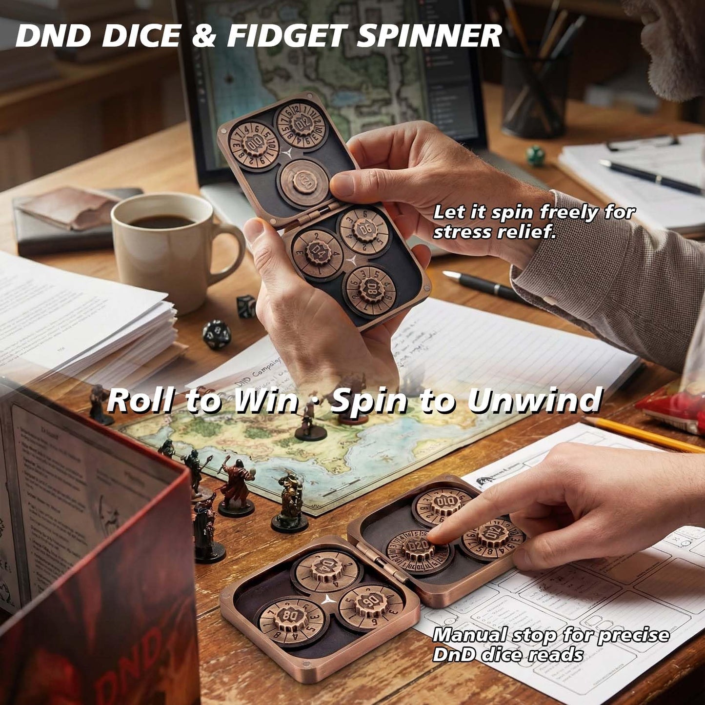 Haxtec Spinner Dice – Foldable 7-in-1 Metal Pocket RPG Set, Cooper