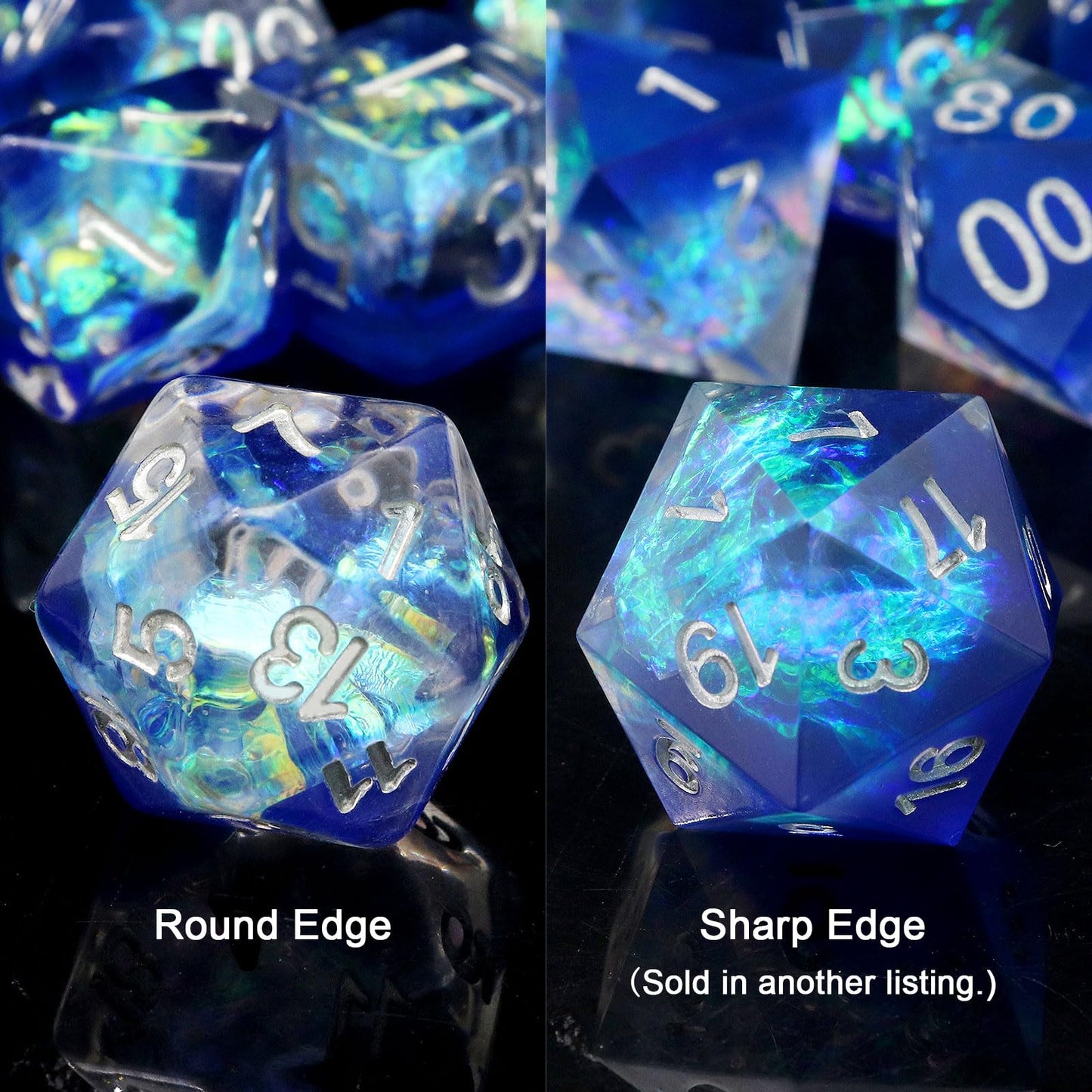 Haxtec Sapphire Blue Deepwater Iridescent Mylar Core Resin Dice with Velvet Pouch