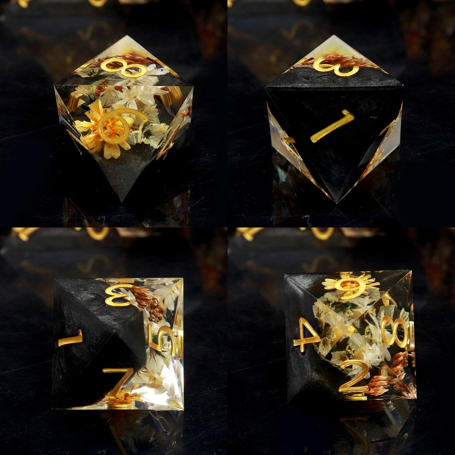 Haxtec Black Pearl Winter Flower Sharp Edge Resin D&D Dice Set with Metal Case