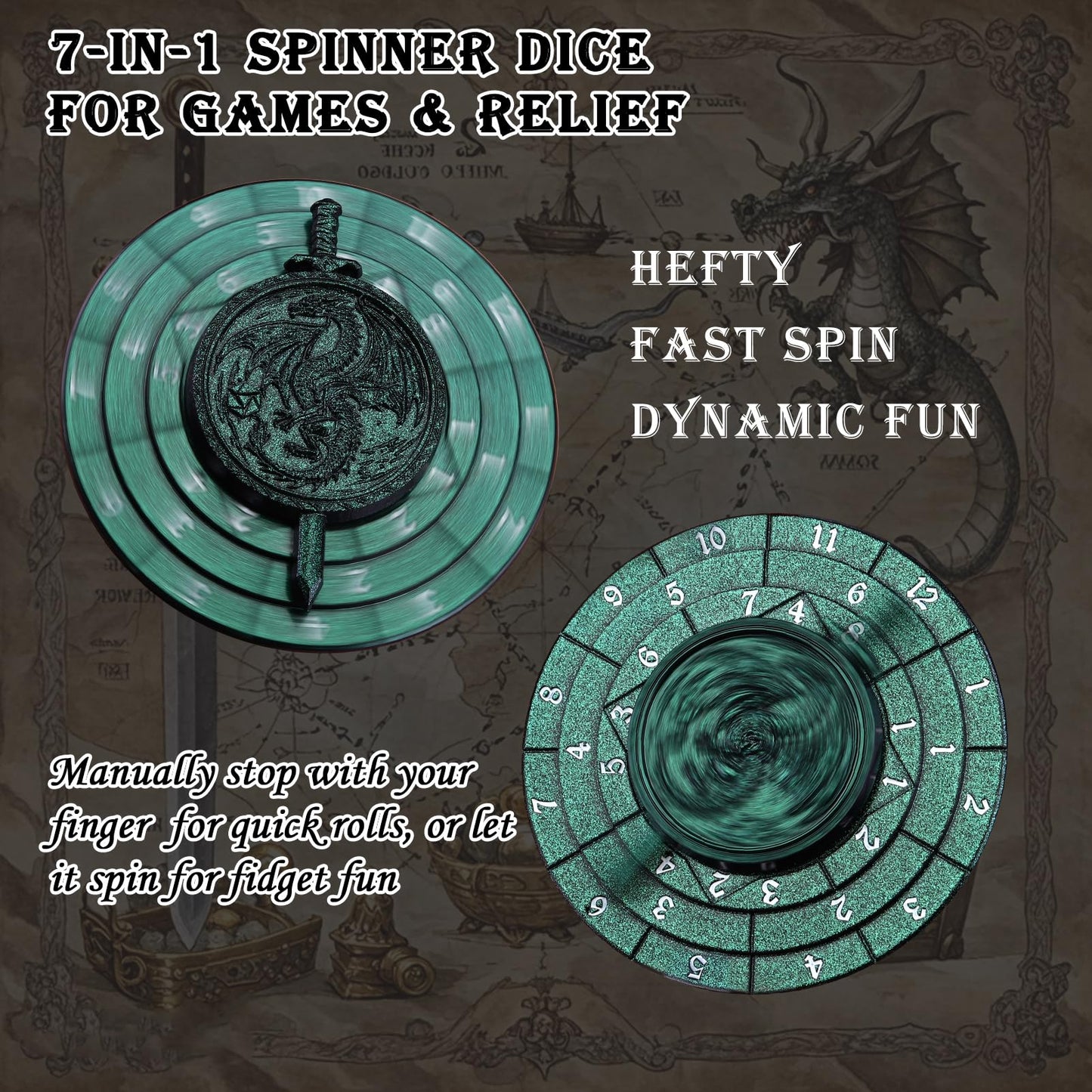 Spinner Dice 7-in-1 Metal DND Dice Set Fidget Spinner Dice Dragon Sword Novelty DND Gifts Green Purple