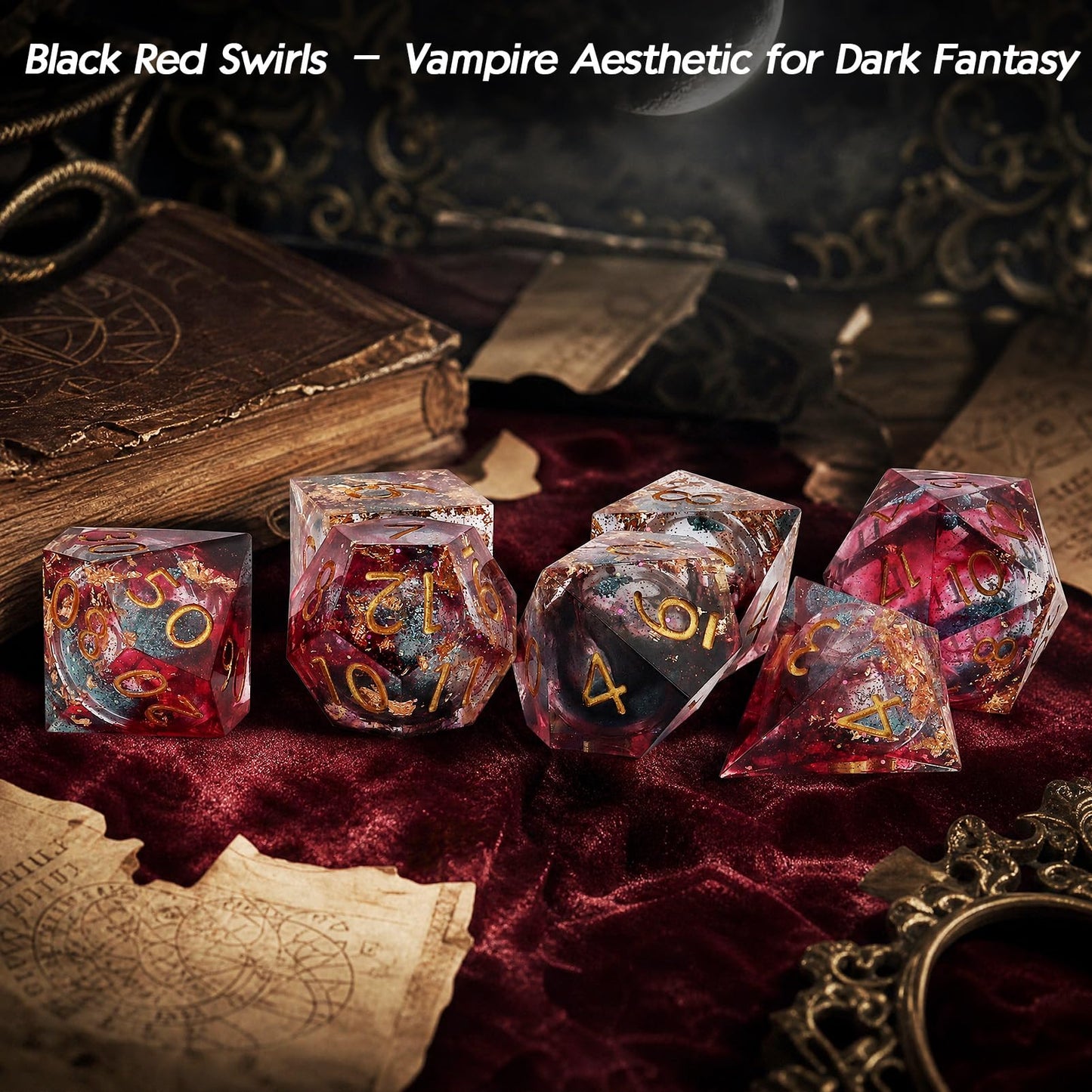 Haxtec Blood Red Liquid Core Sharp Edge Resin DND Dice Set with Metal Case