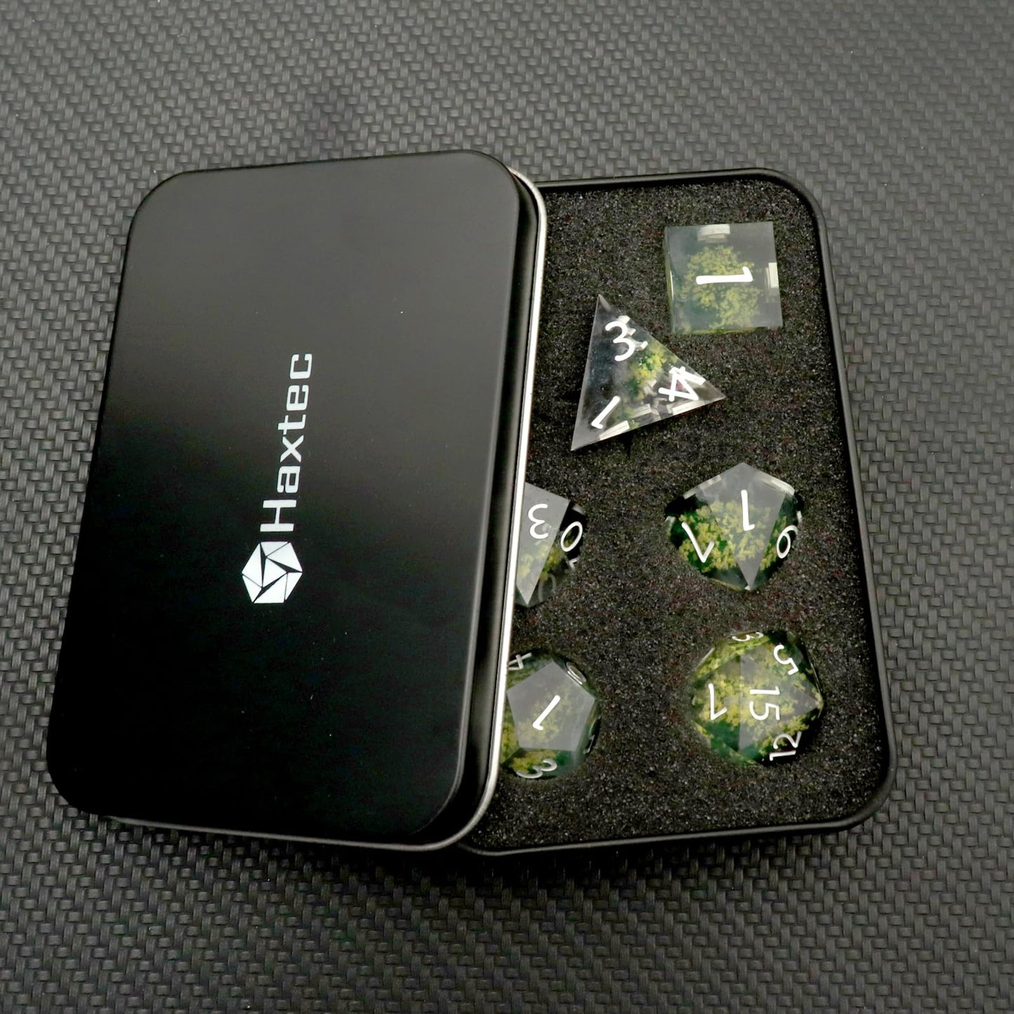 Haxtec Yellow Flower Meadow Sharp Edge Resin D&D Dice Set with Metal Case