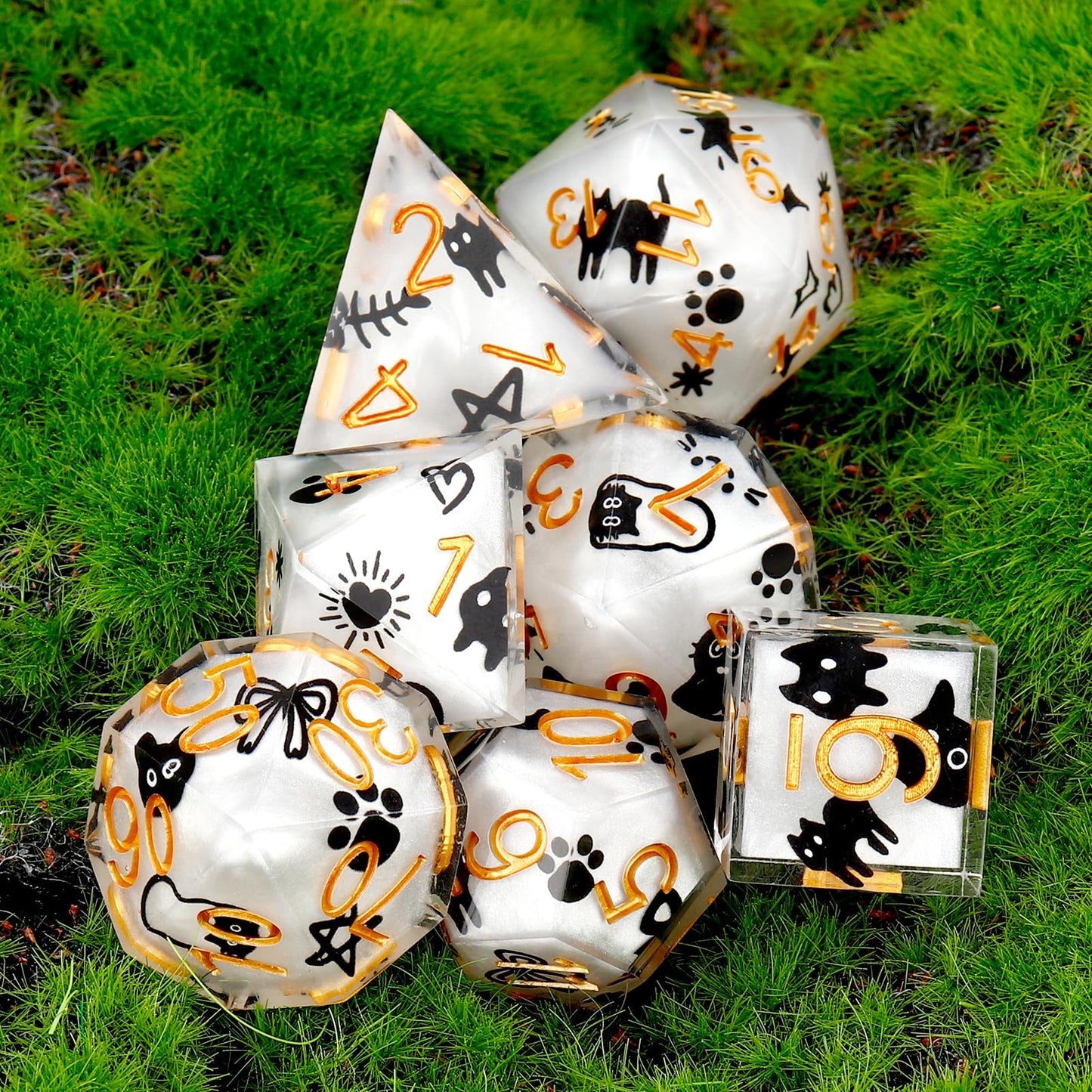 Haxtec White Cat Sharp Edge Resin D&D Dice Set with Metal Case for Dungeons and Dragons Gift