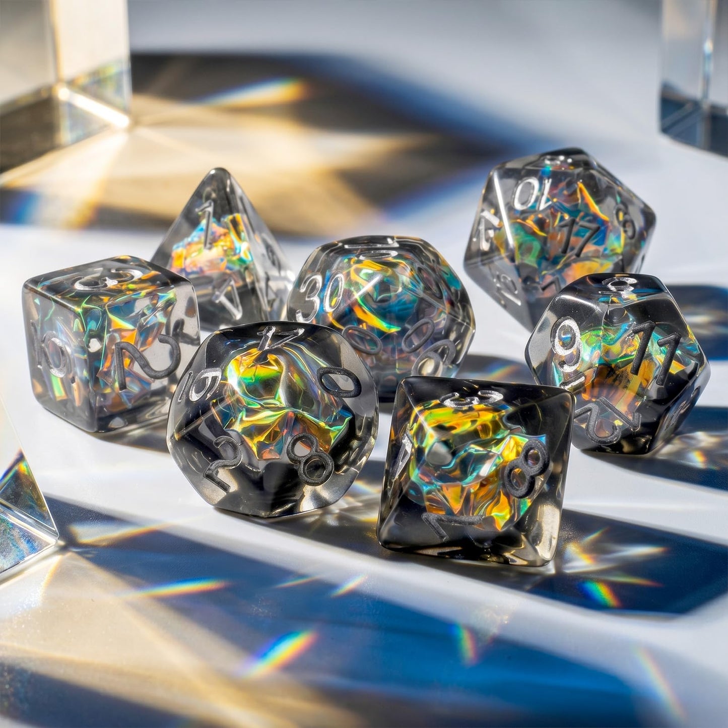 Haxtec Black Rainbow Iridescent Mylar Core Resin Dice with Velvet Pouch