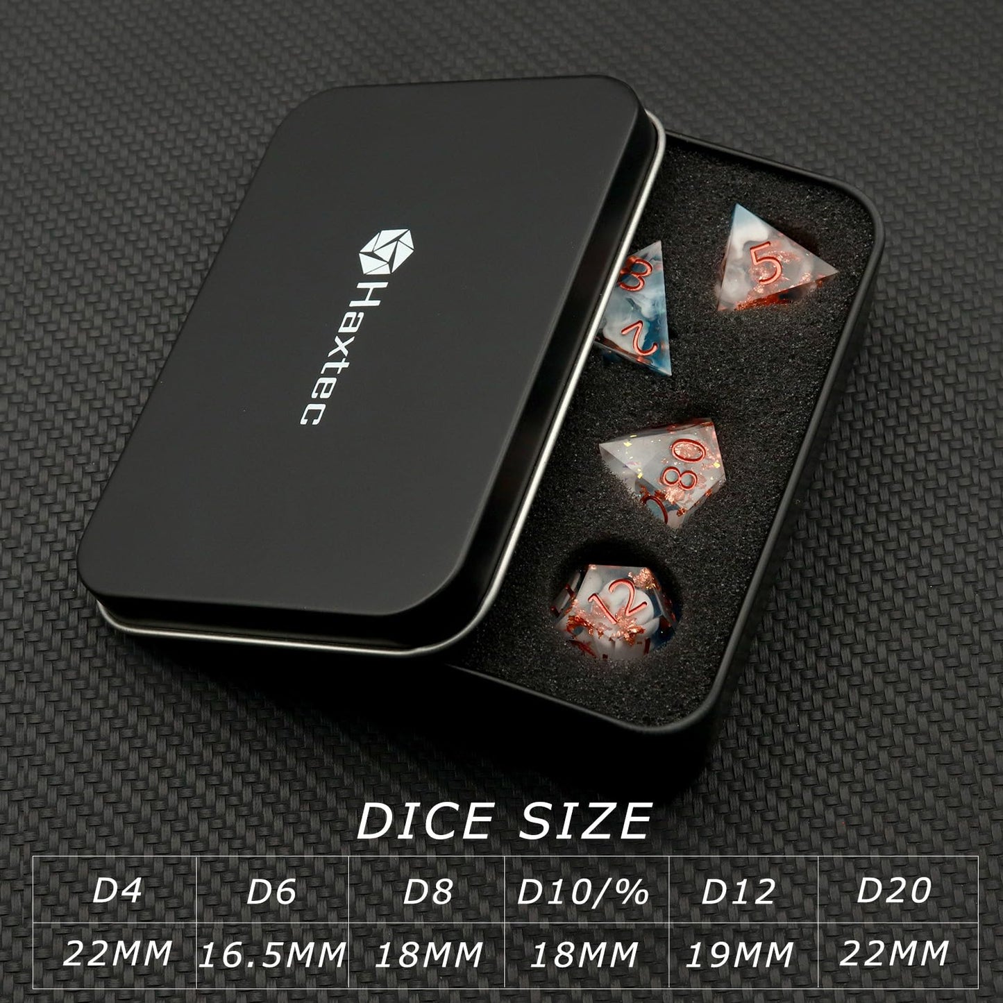 Haxtec Ocean Blue Sharp Edge Resin Gold Flake Inside D&D Dice Set – White Copper Polyhedral Dice with Metal Case
