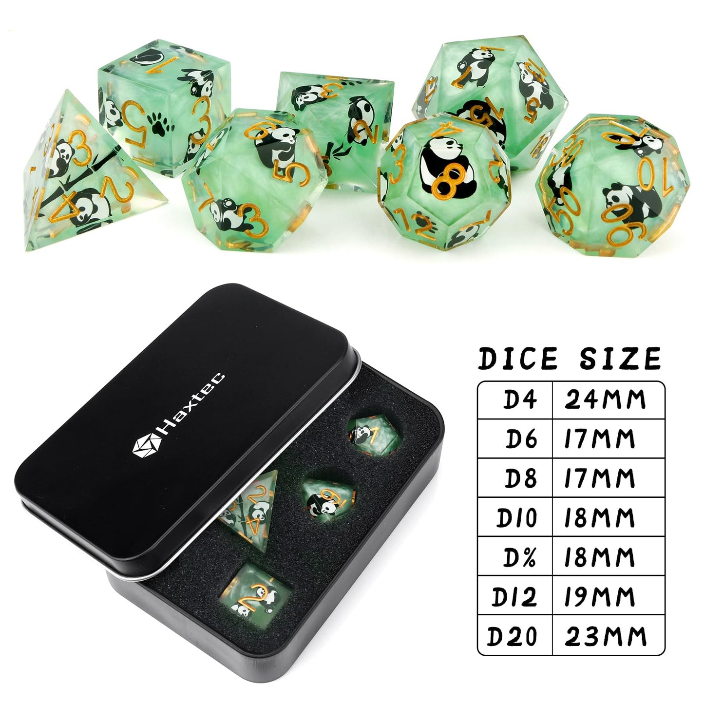 Haxtec Green Panda Sharp Edge Resin D&D Dice Set with Metal Case for Dungeons and Dragons Gift