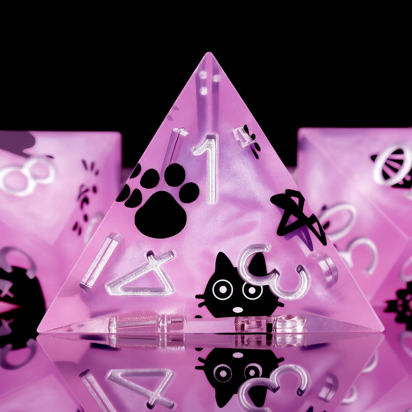 Haxtec Black Cat on Purple Sharp Edge Resin D&D Dice Set with Metal Case for Dungeons and Dragons Gift