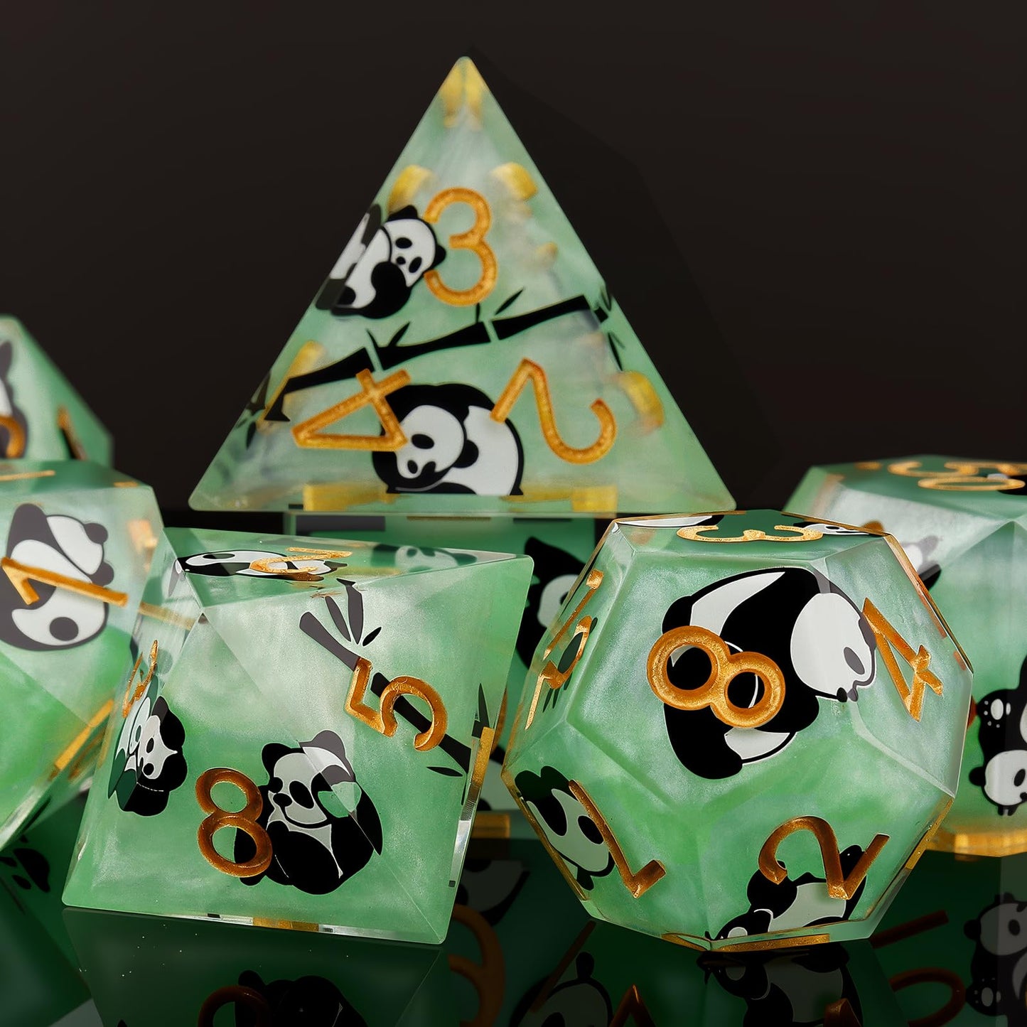 Haxtec Green Panda Sharp Edge Resin D&D Dice Set with Metal Case for Dungeons and Dragons Gift