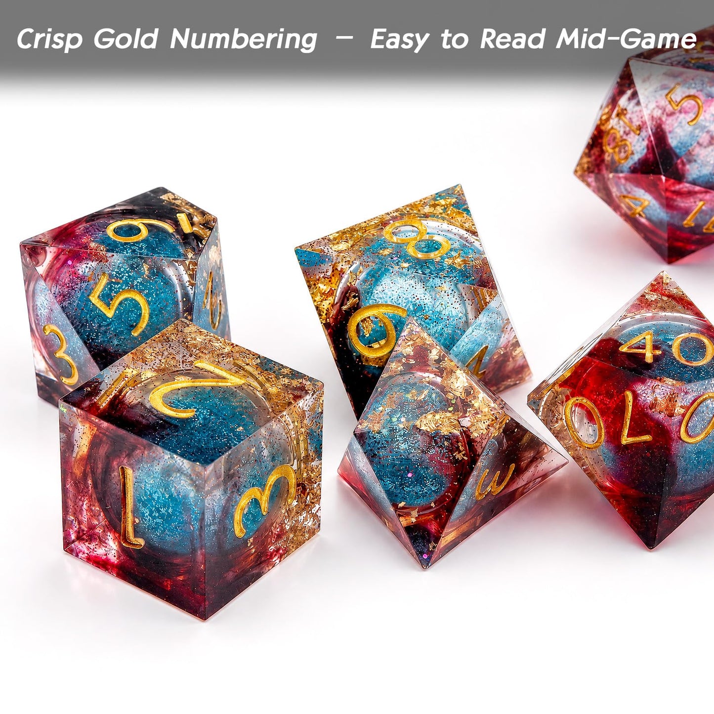 Haxtec Blood Red Liquid Core Sharp Edge Resin DND Dice Set with Metal Case