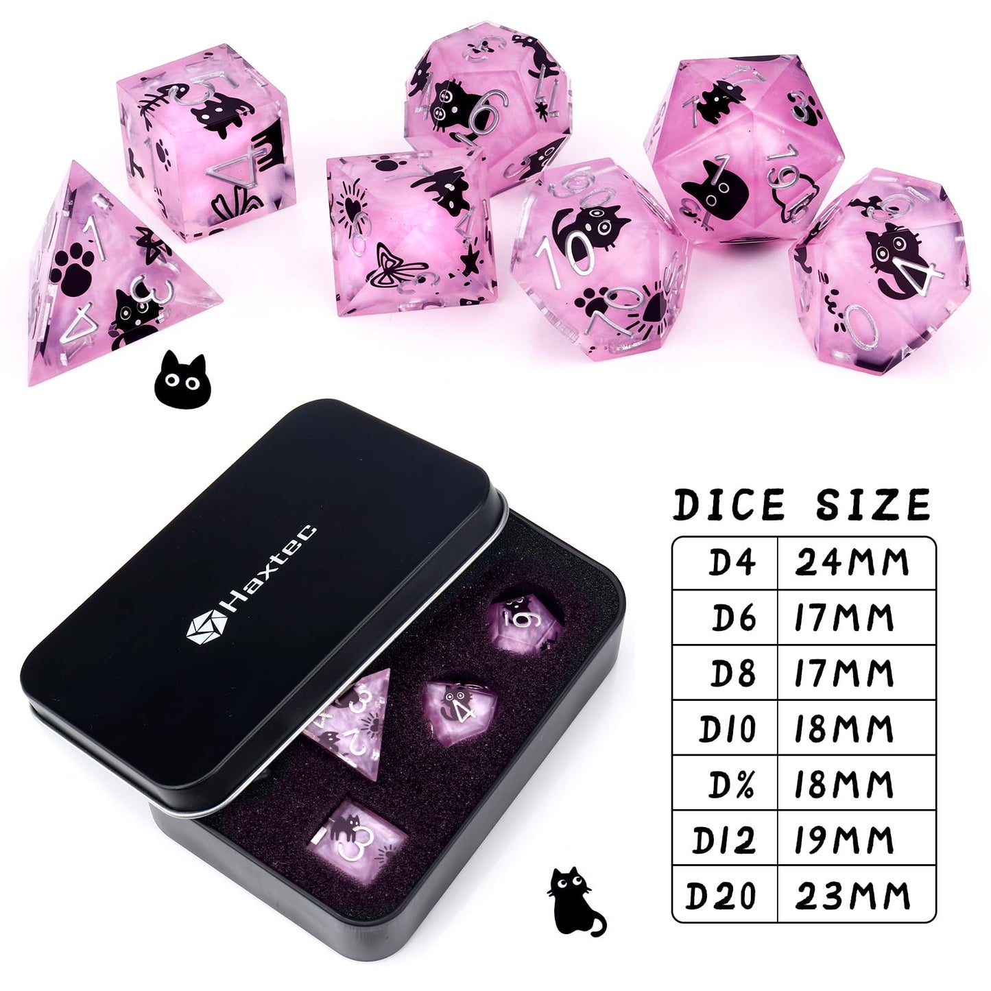 Haxtec Black Cat on Purple Sharp Edge Resin D&D Dice Set with Metal Case for Dungeons and Dragons Gift