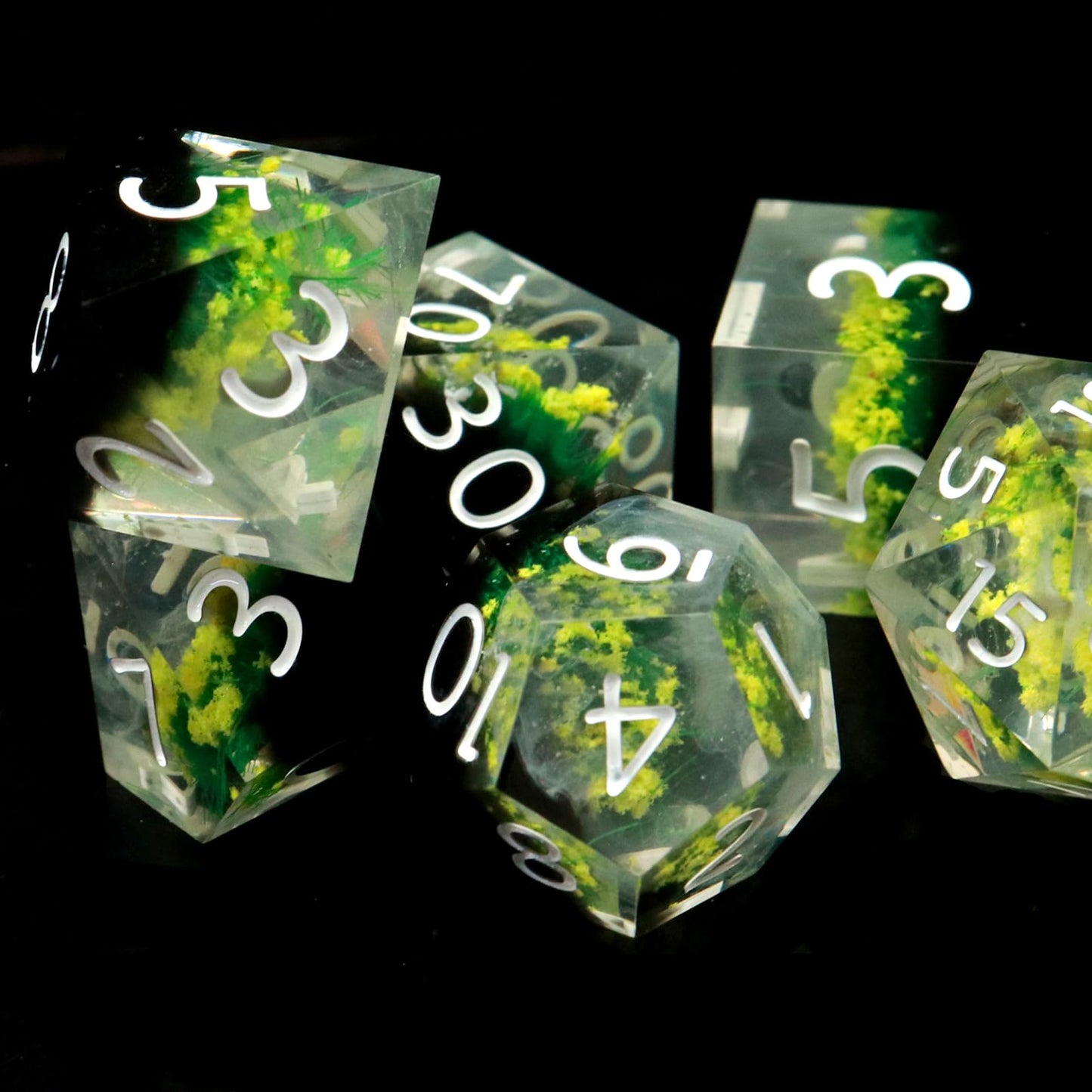 Haxtec Yellow Flower Meadow Sharp Edge Resin D&D Dice Set with Metal Case