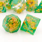 Haxtec Spring Flower Sharp Edge Resin D&D Dice Set – Pearl Green with Floral Inside & Metal Case