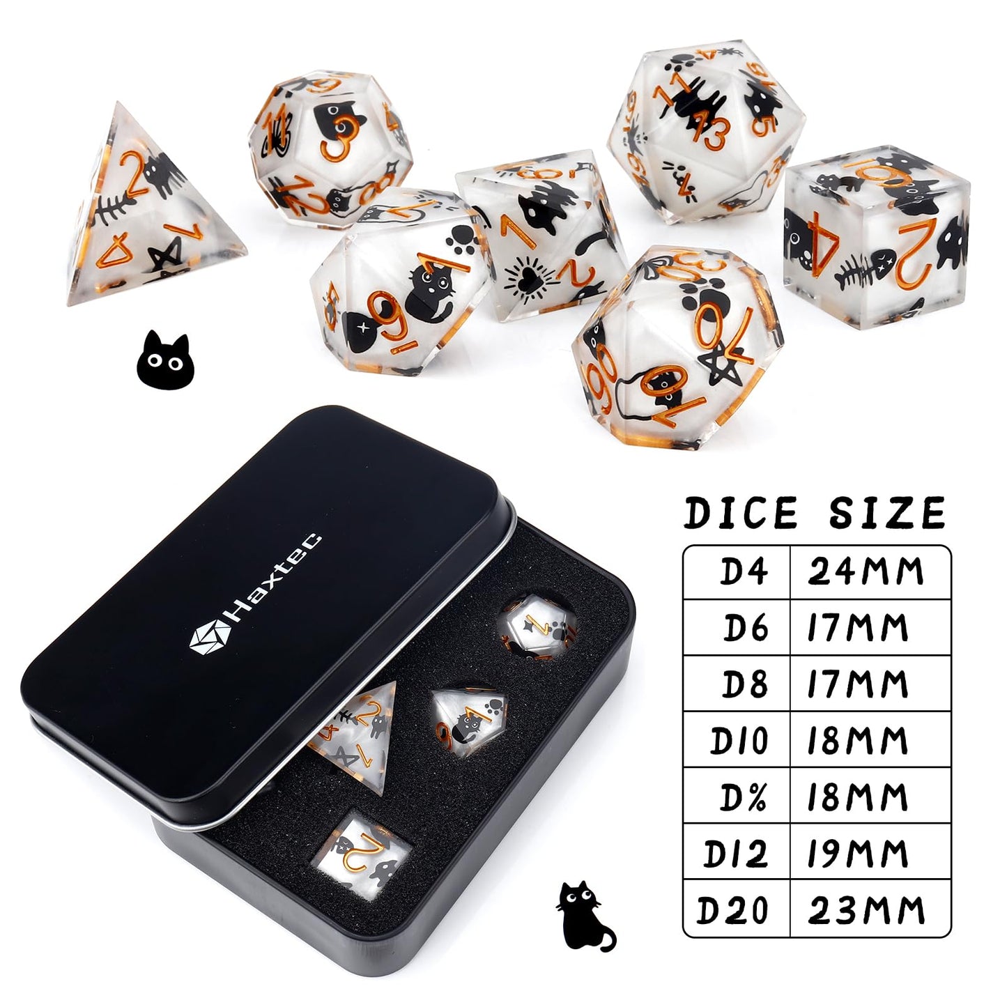 Haxtec White Cat Sharp Edge Resin D&D Dice Set with Metal Case for Dungeons and Dragons Gift