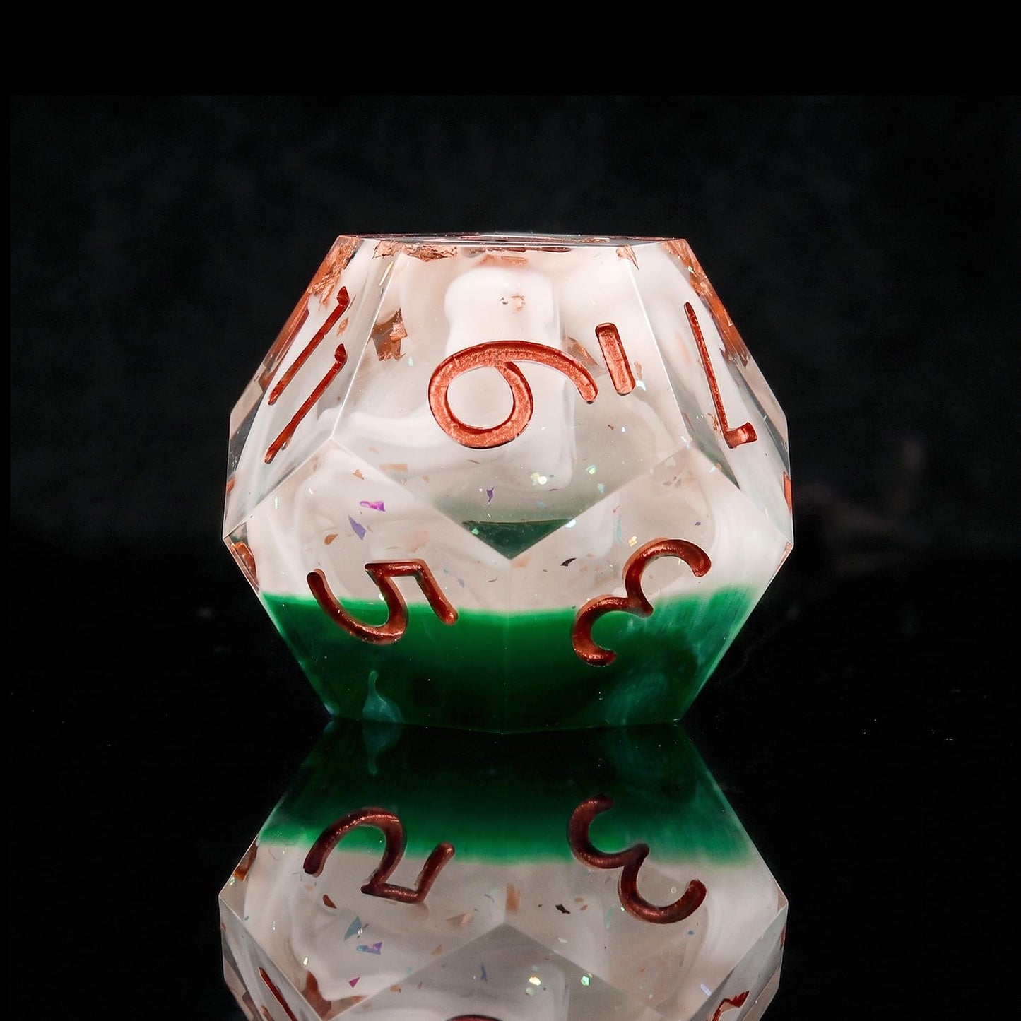 Haxtec Forest Landscape Sharp Edge Resin D&D Dice Set – Green White Copper Gold Flake insaide with Metal Case