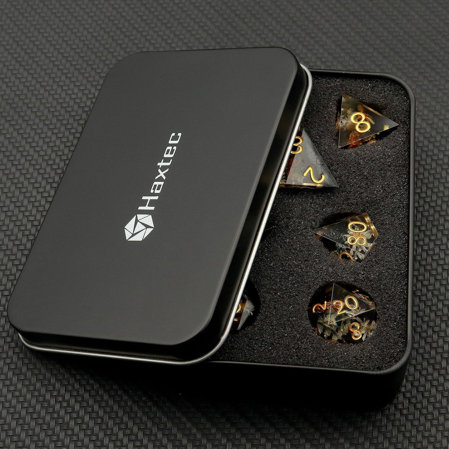 Haxtec Black Pearl Winter Flower Sharp Edge Resin D&D Dice Set with Metal Case