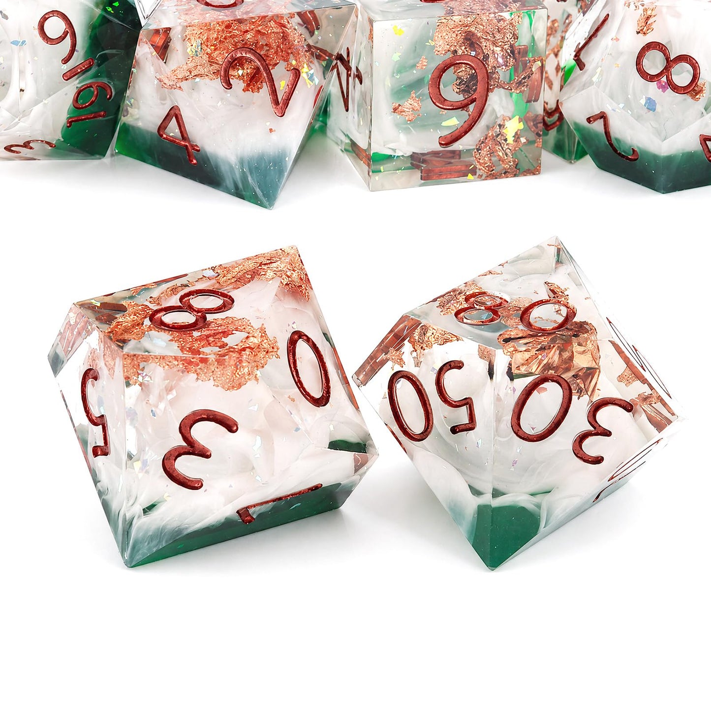 Haxtec Forest Landscape Sharp Edge Resin D&D Dice Set – Green White Copper Gold Flake insaide with Metal Case