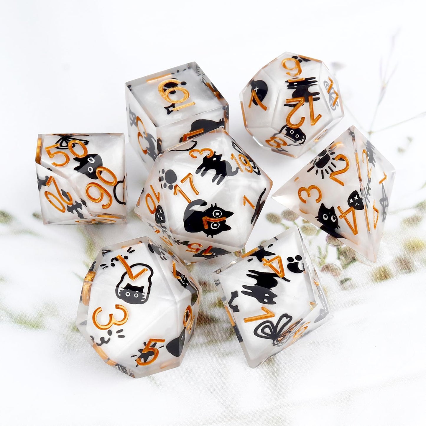 Haxtec White Cat Sharp Edge Resin D&D Dice Set with Metal Case for Dungeons and Dragons Gift