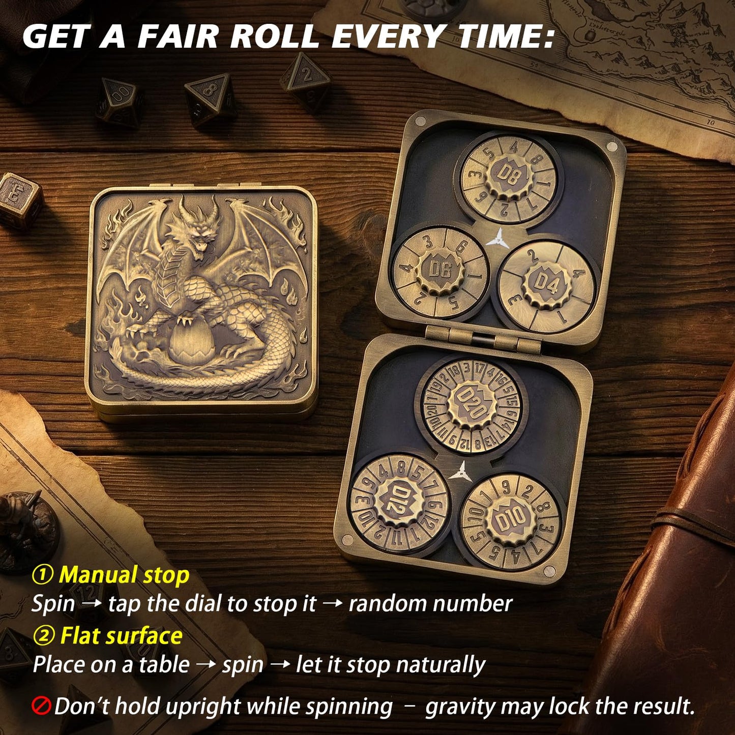 Haxtec Spinner Dice – Foldable 7-in-1 Metal Pocket RPG Set，Bronze