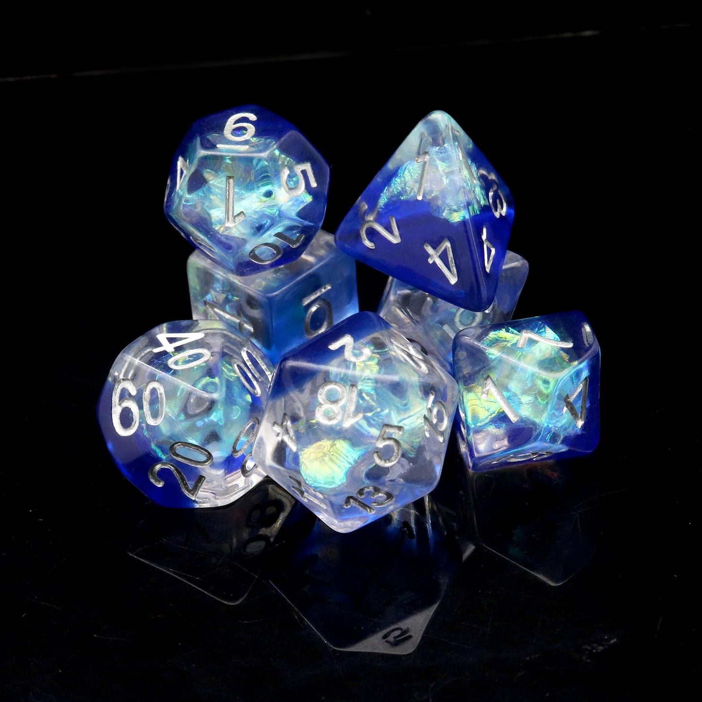 Haxtec Sapphire Blue Deepwater Iridescent Mylar Core Resin Dice with Velvet Pouch
